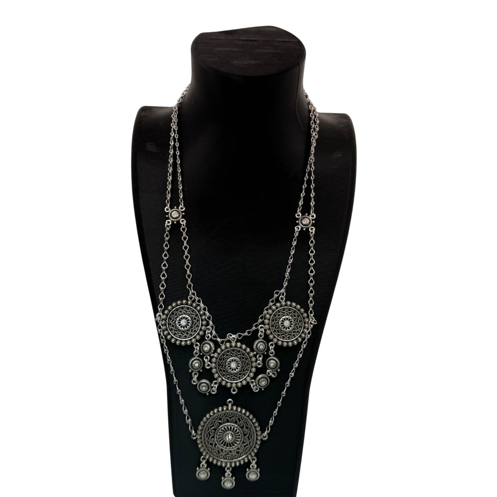Brighton Medallion Statement Set SilverTone Mandala Necklace Drop Earrings Pouch