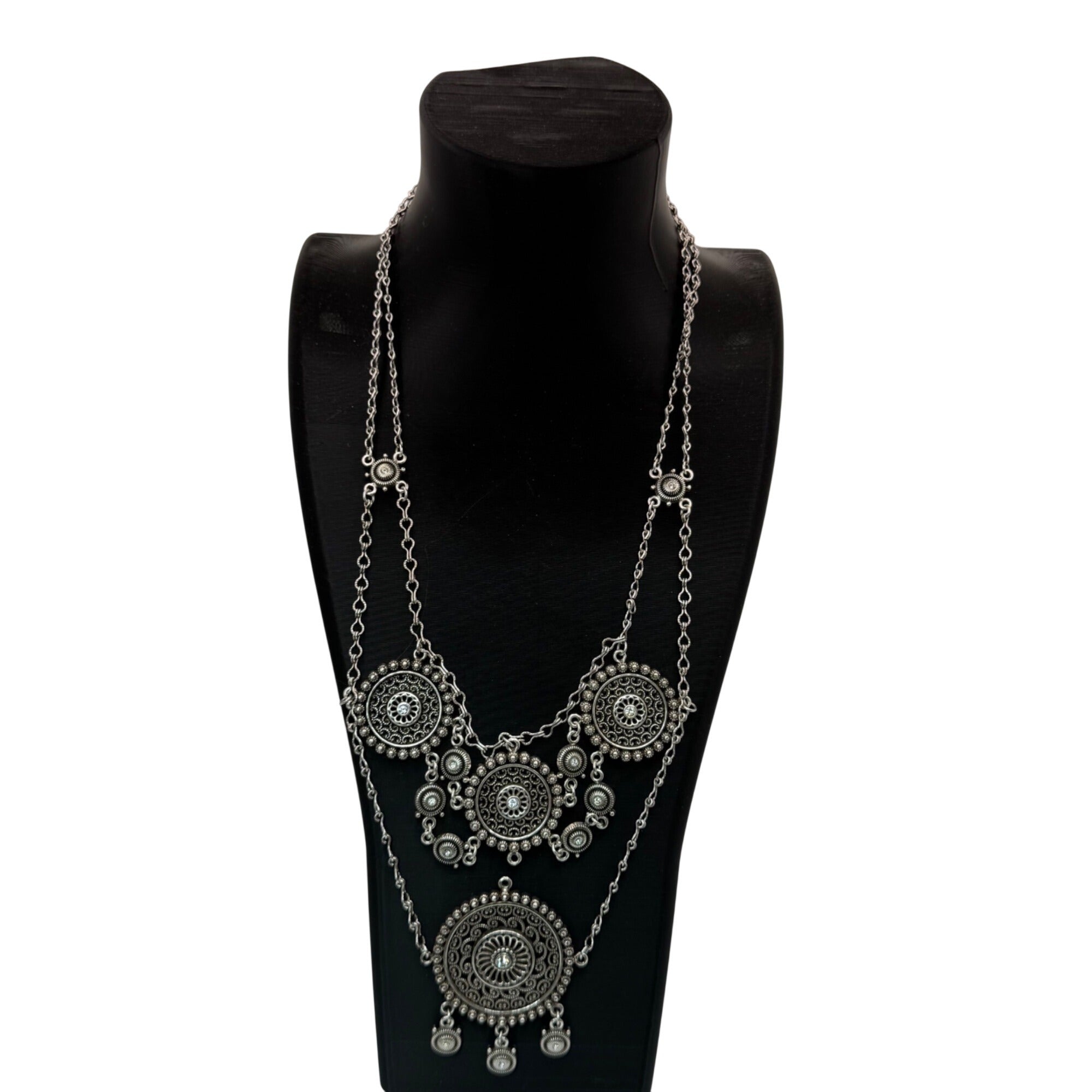 Brighton Medallion Statement Set SilverTone Mandala Necklace Drop Earrings Pouch