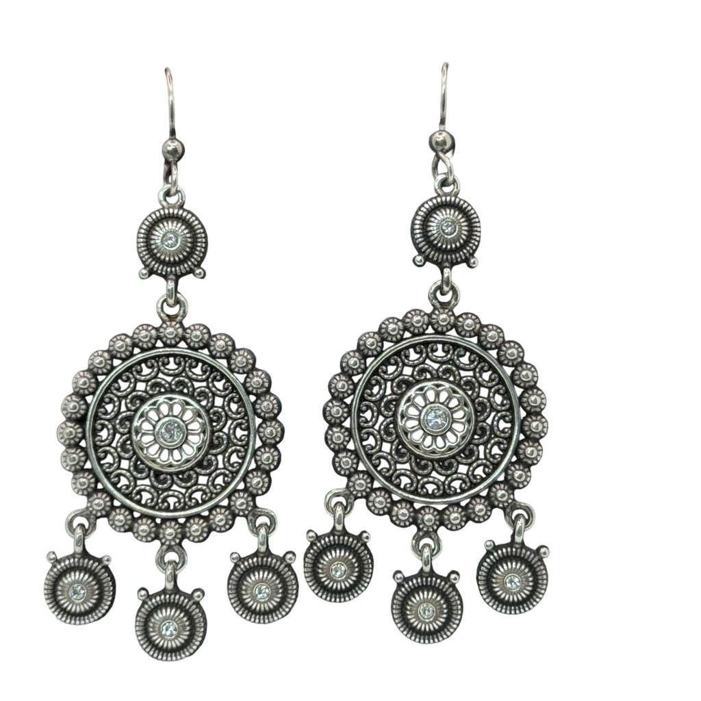 Brighton Medallion Statement Set SilverTone Mandala Necklace Drop Earrings Pouch