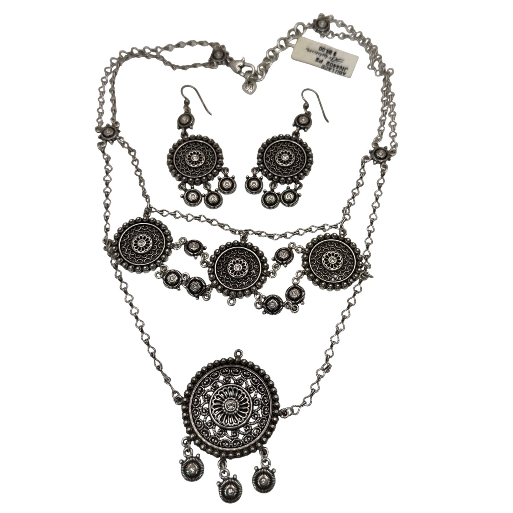 Brighton Medallion Statement Set SilverTone Mandala Necklace Drop Earrings Pouch