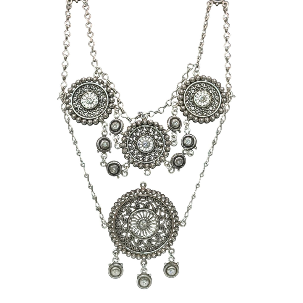 Brighton Medallion Statement Set SilverTone Mandala Necklace Drop Earrings Pouch