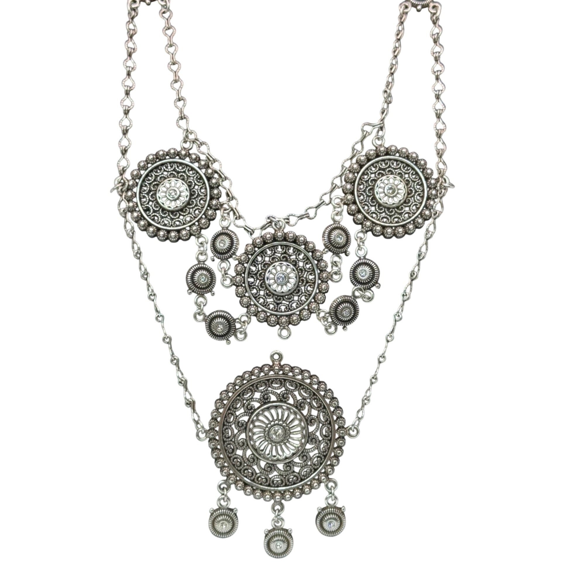 Brighton Medallion Statement Set SilverTone Mandala Necklace Drop Earrings Pouch