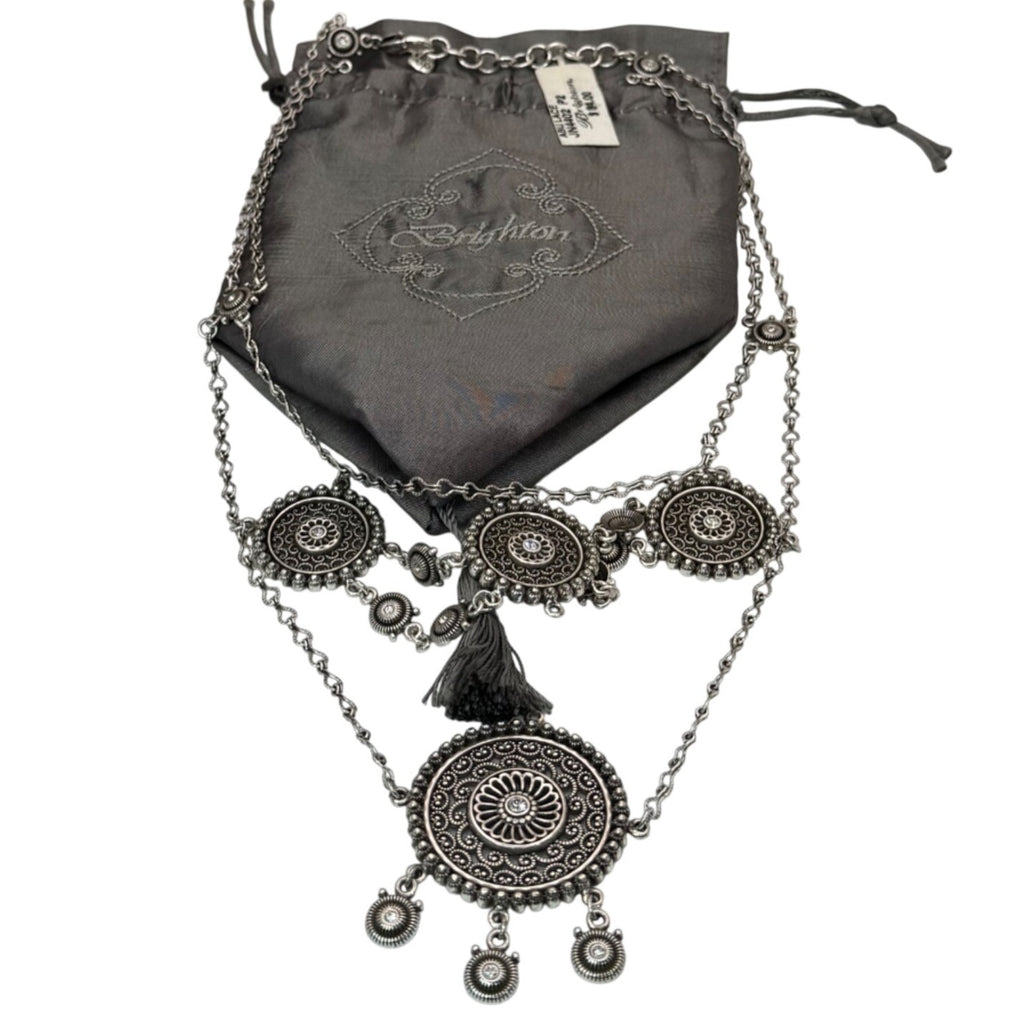 Brighton Medallion Statement Set SilverTone Mandala Necklace Drop Earrings Pouch