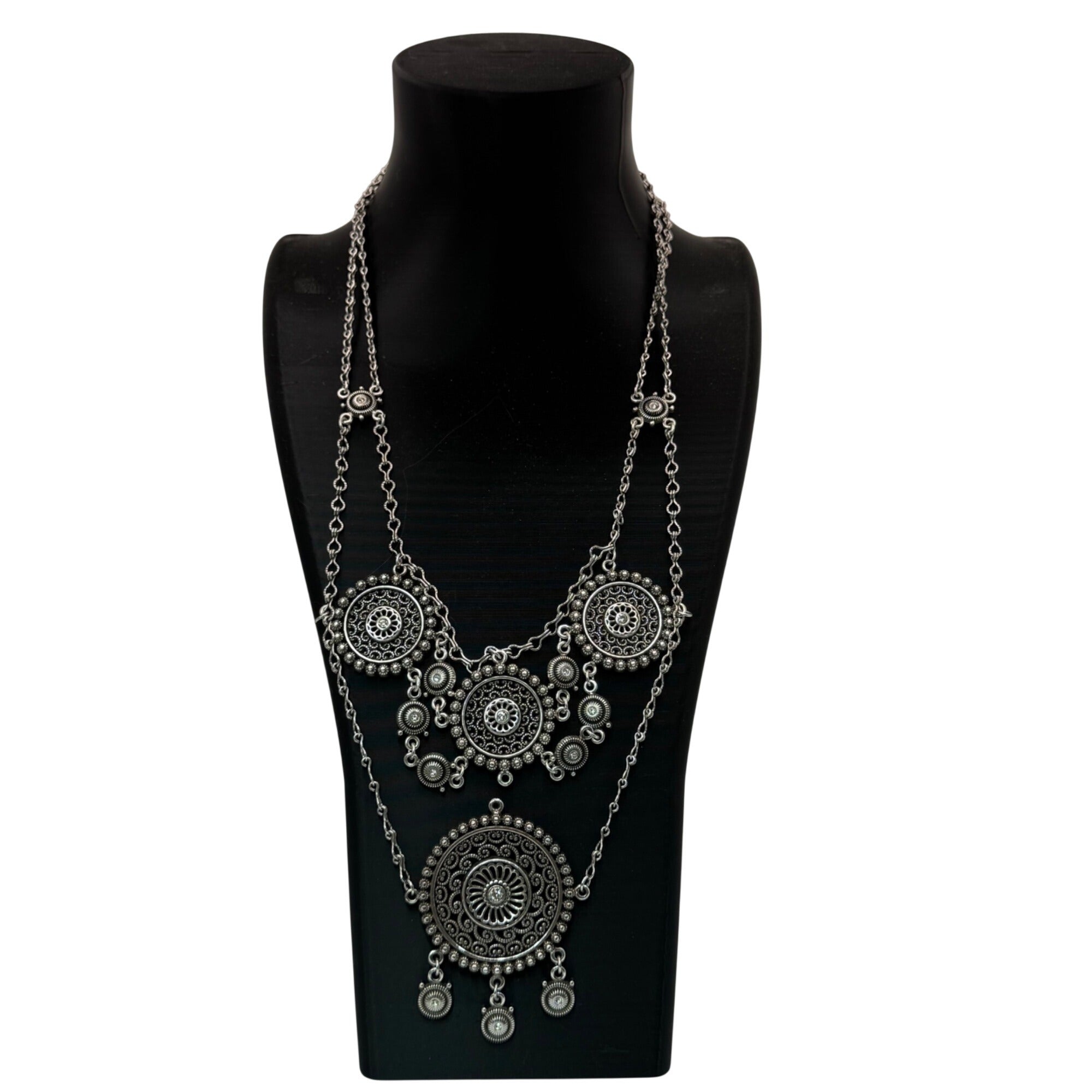 Brighton Medallion Statement Set SilverTone Mandala Necklace Drop Earrings Pouch