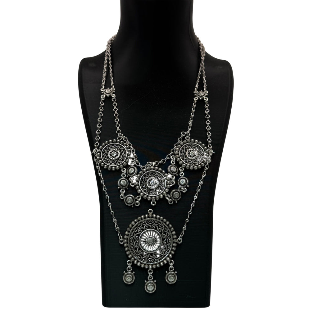 Brighton Medallion Statement Set SilverTone Mandala Necklace Drop Earrings Pouch
