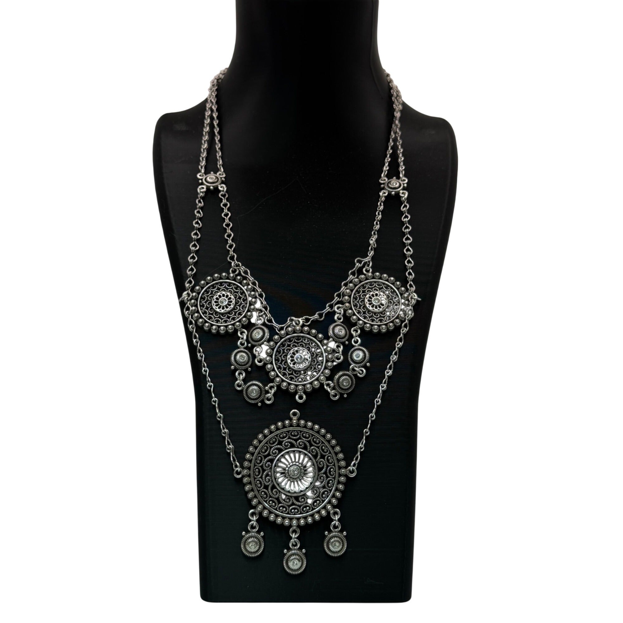 Brighton Medallion Statement Set SilverTone Mandala Necklace Drop Earrings Pouch
