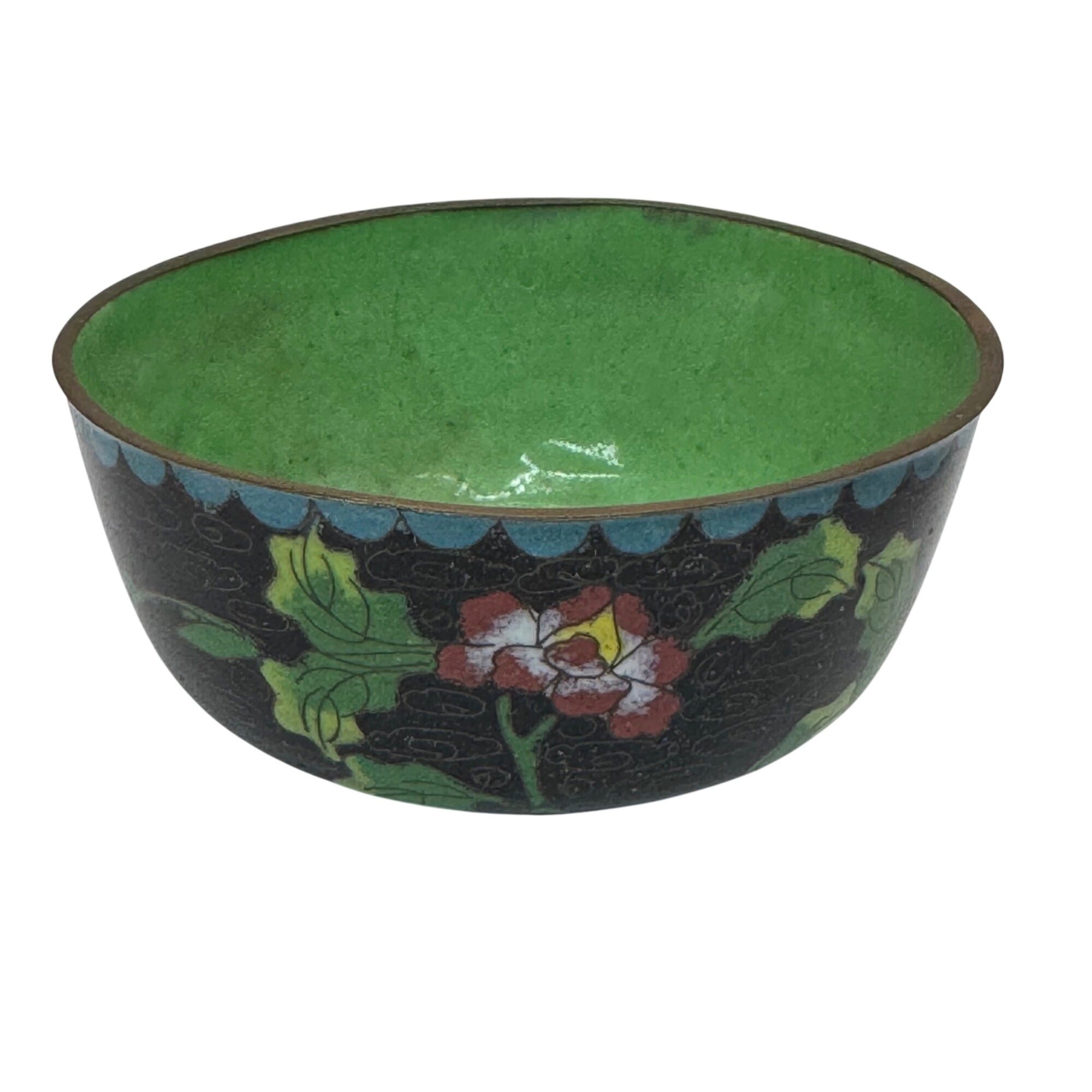 Vintage Cloisonné Bowl Jewelry Trinket Dish Floral Motif & Green Signed China 4"
