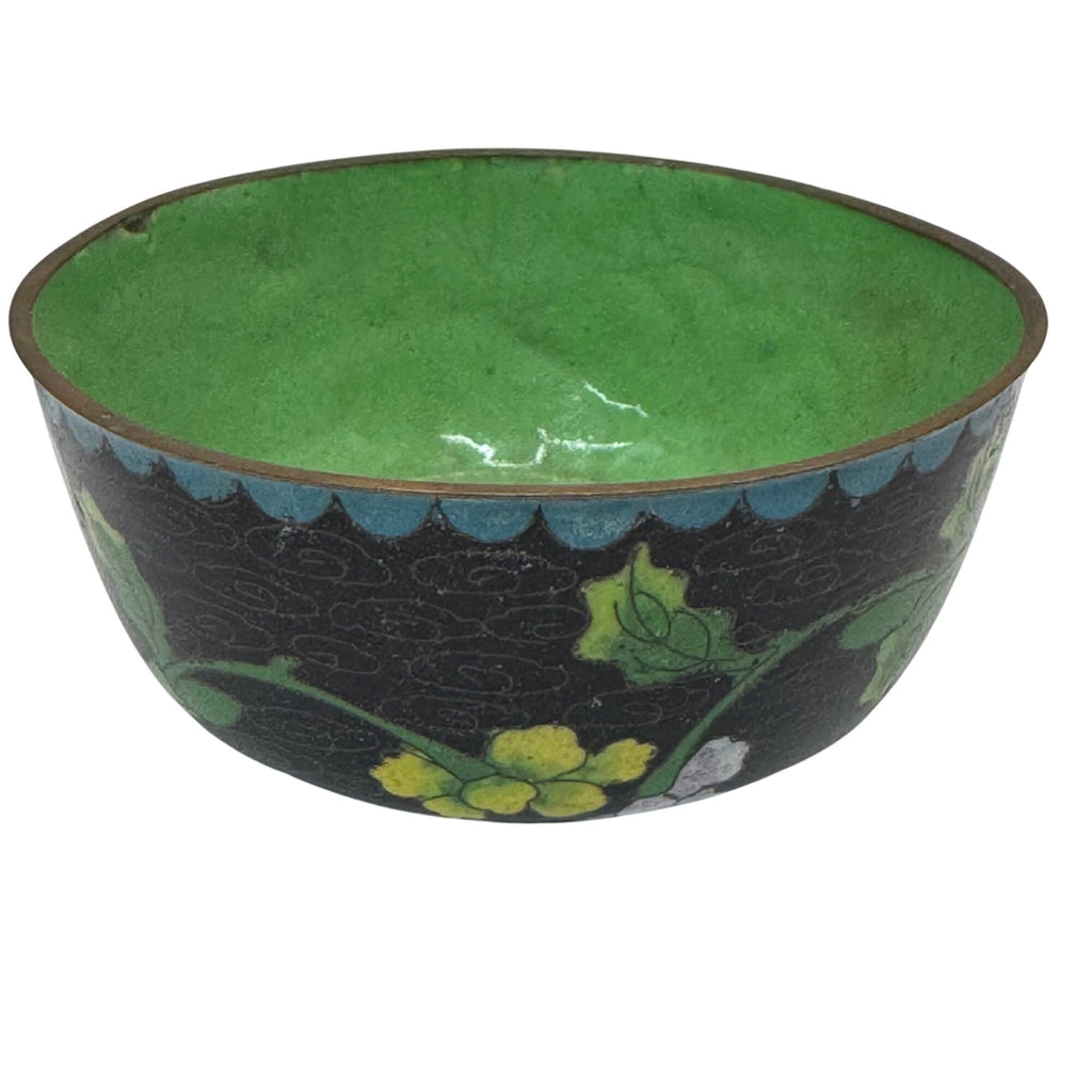Vintage Cloisonné Bowl Jewelry Trinket Dish Floral Motif & Green Signed China 4"