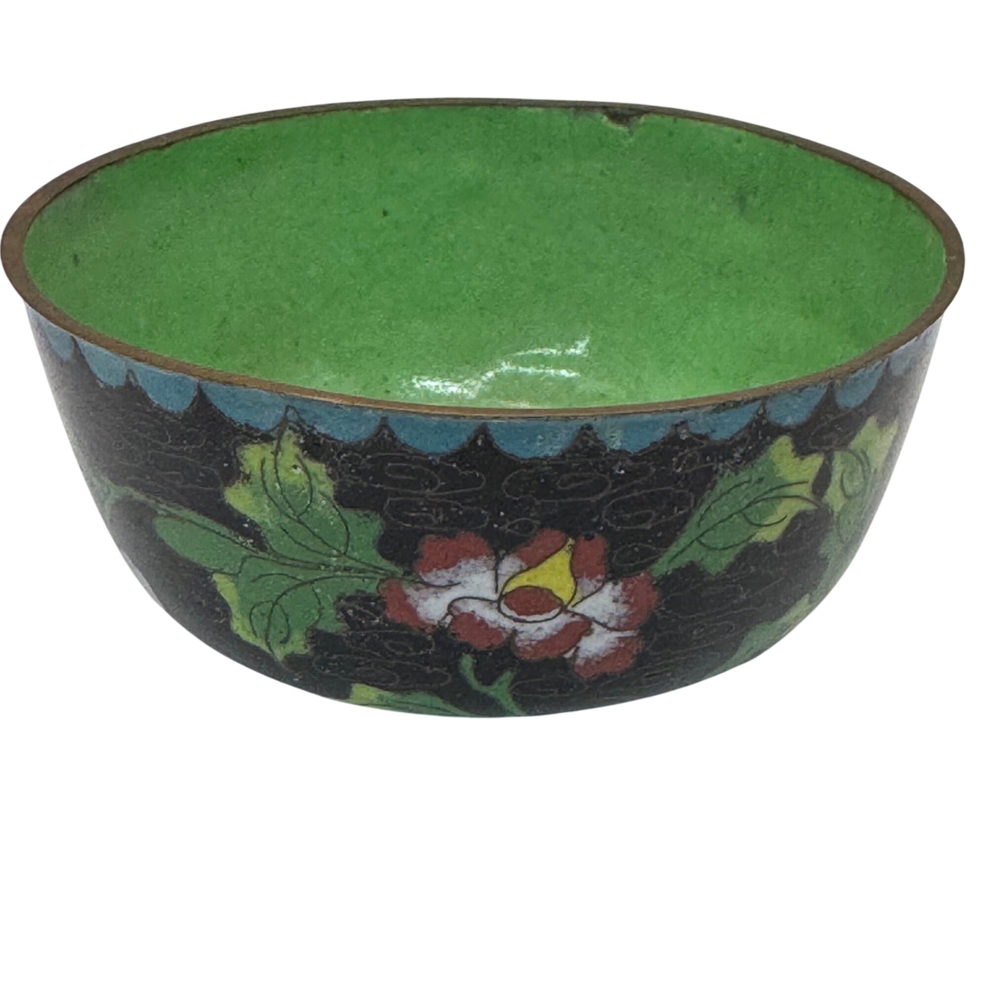 Vintage Cloisonné Bowl Jewelry Trinket Dish Floral Motif & Green Signed China 4"