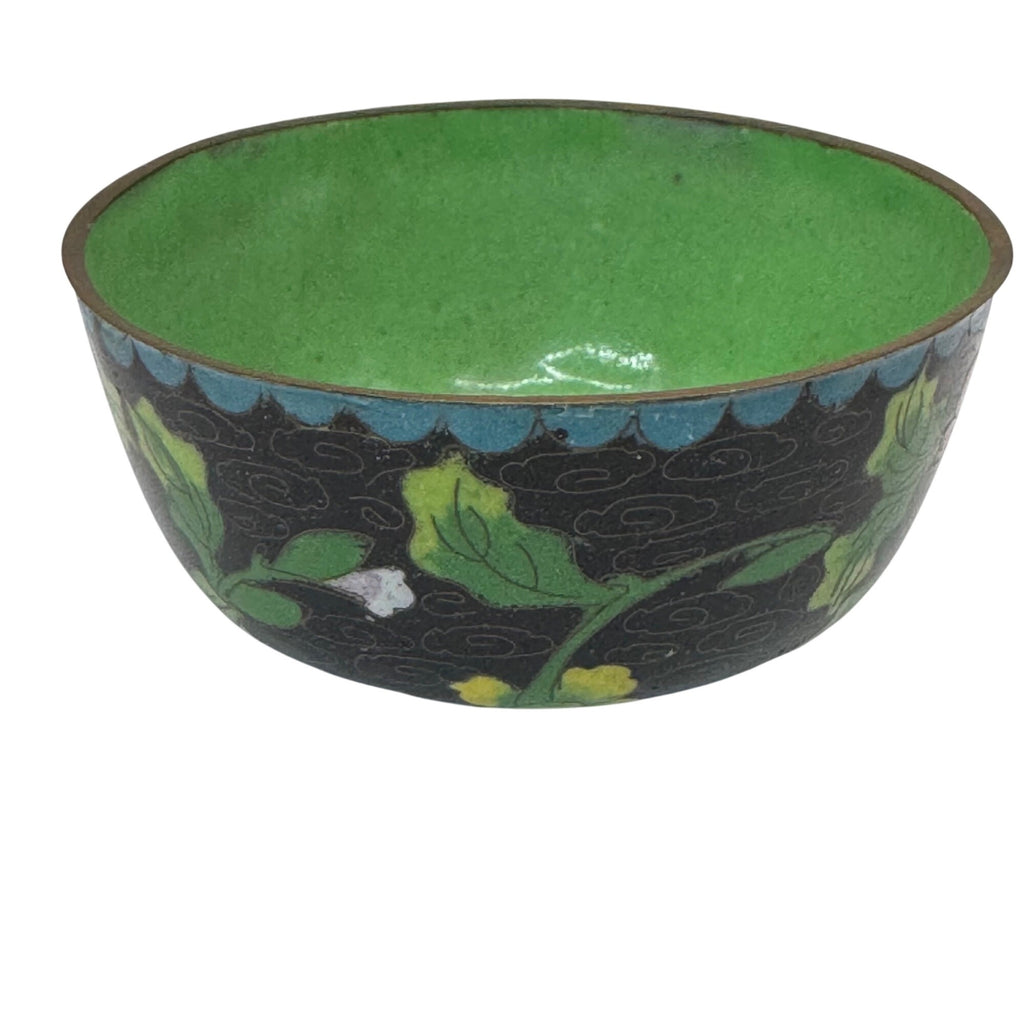 Vintage Cloisonné Bowl Jewelry Trinket Dish Floral Motif & Green Signed China 4"