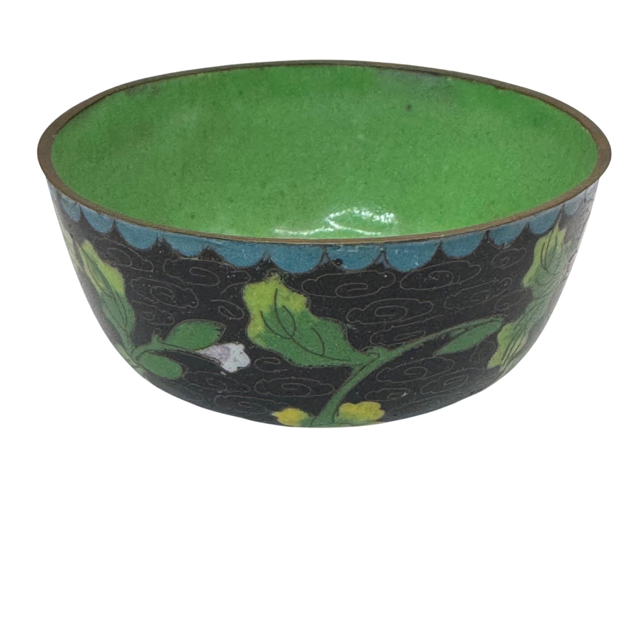 Vintage Cloisonné Bowl Jewelry Trinket Dish Floral Motif & Green Signed China 4"
