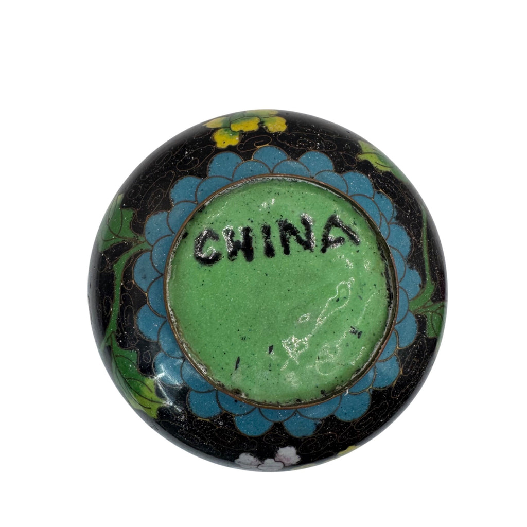 Vintage Cloisonné Bowl Jewelry Trinket Dish Floral Motif & Green Signed China 4"