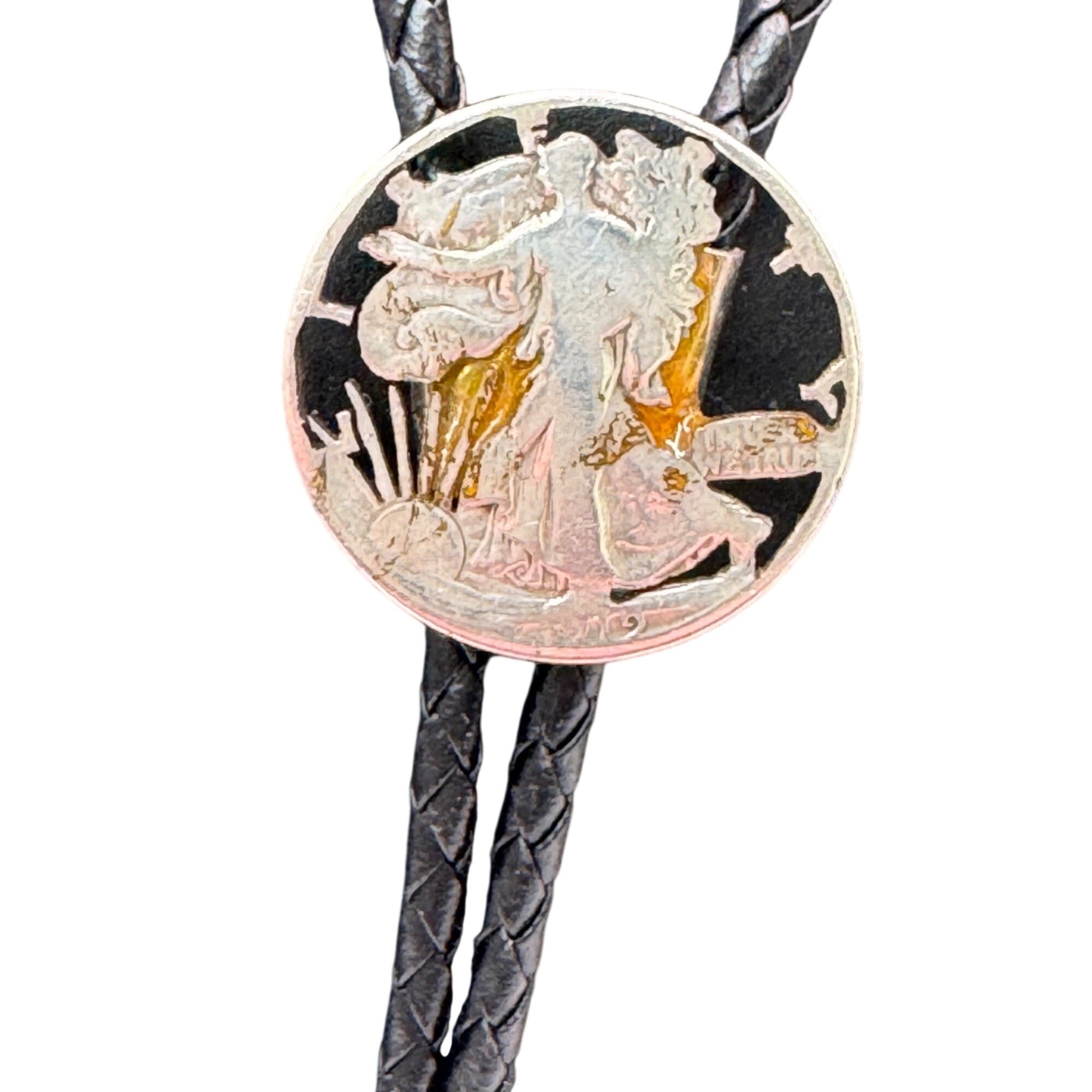 Vintage Walking Liberty Coin Bolo Tie Braided Leather Cord Silver-Tone Tips 15"