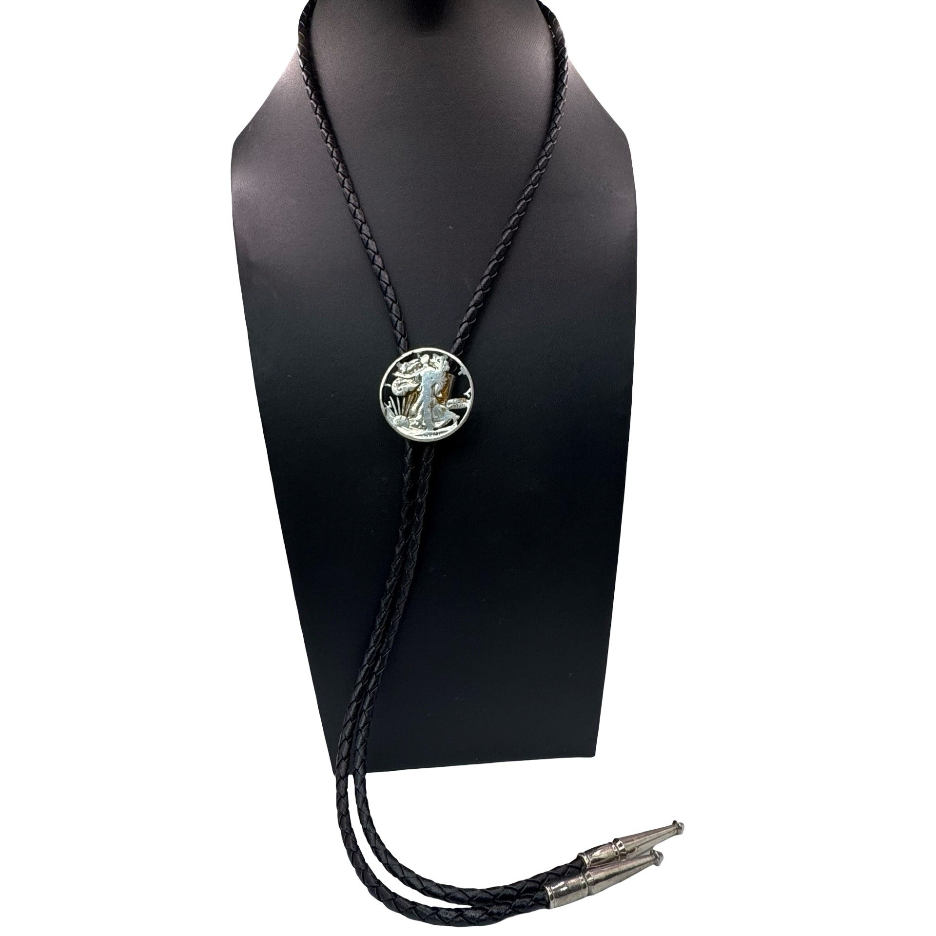 Vintage Walking Liberty Coin Bolo Tie Braided Leather Cord Silver-Tone Tips 15"
