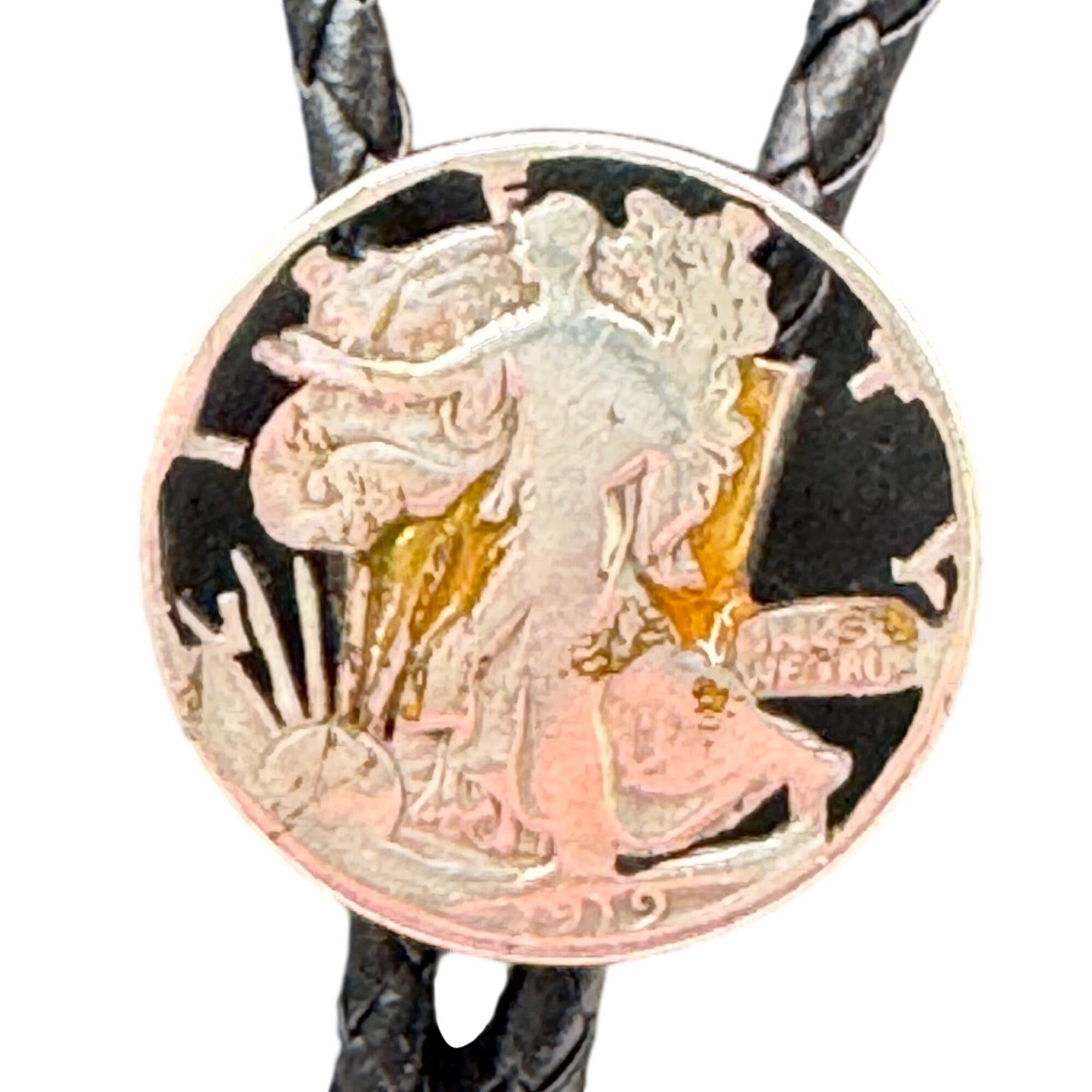 Vintage Walking Liberty Coin Bolo Tie Braided Leather Cord Silver-Tone Tips 15"