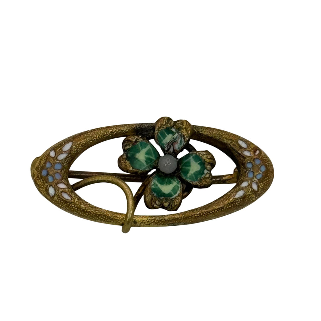 Antique 10k Gold Brooch Green Enamel Lucky Four Leaf Clover Oval 1.5" Victorian