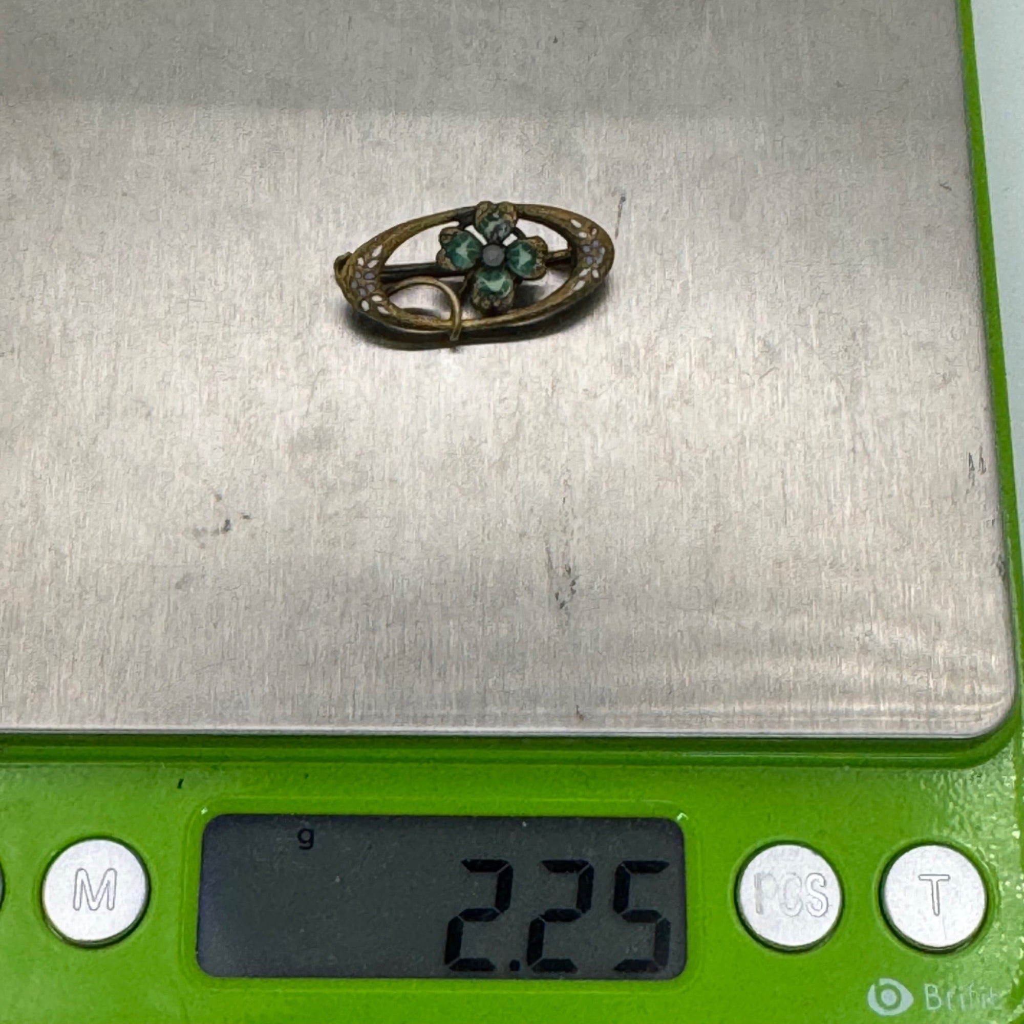 Antique 10k Gold Brooch Green Enamel Lucky Four Leaf Clover Oval 1.5" Victorian