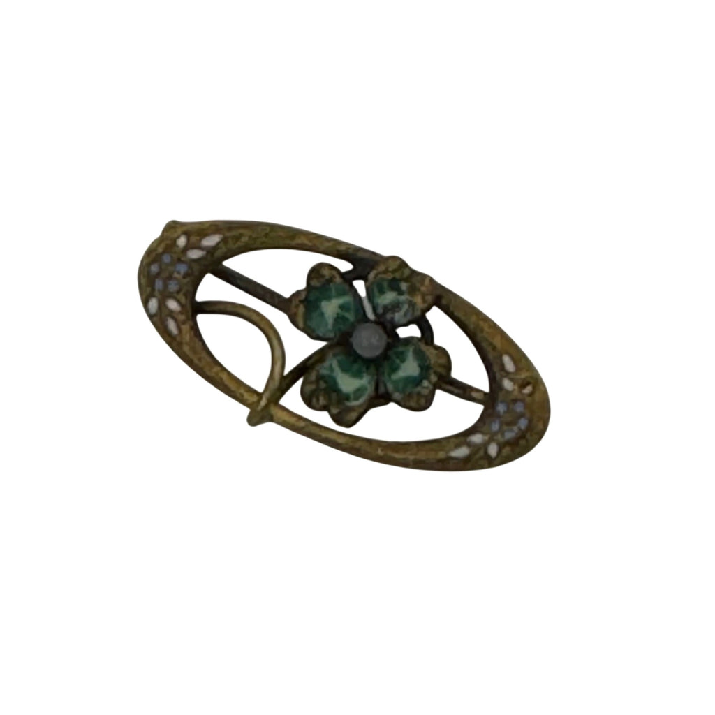 Antique 10k Gold Brooch Green Enamel Lucky Four Leaf Clover Oval 1.5" Victorian
