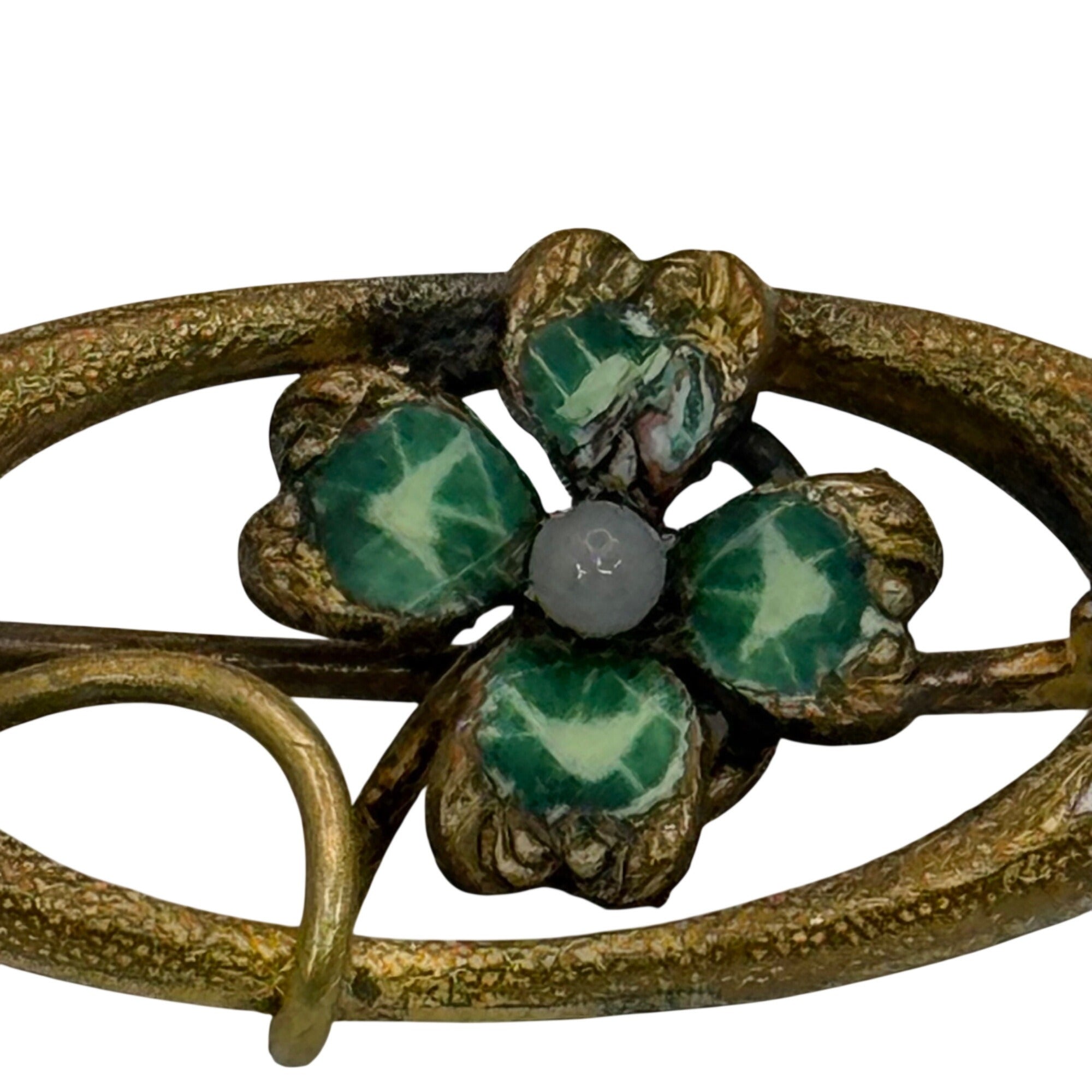 Antique 10k Gold Brooch Green Enamel Lucky Four Leaf Clover Oval 1.5" Victorian