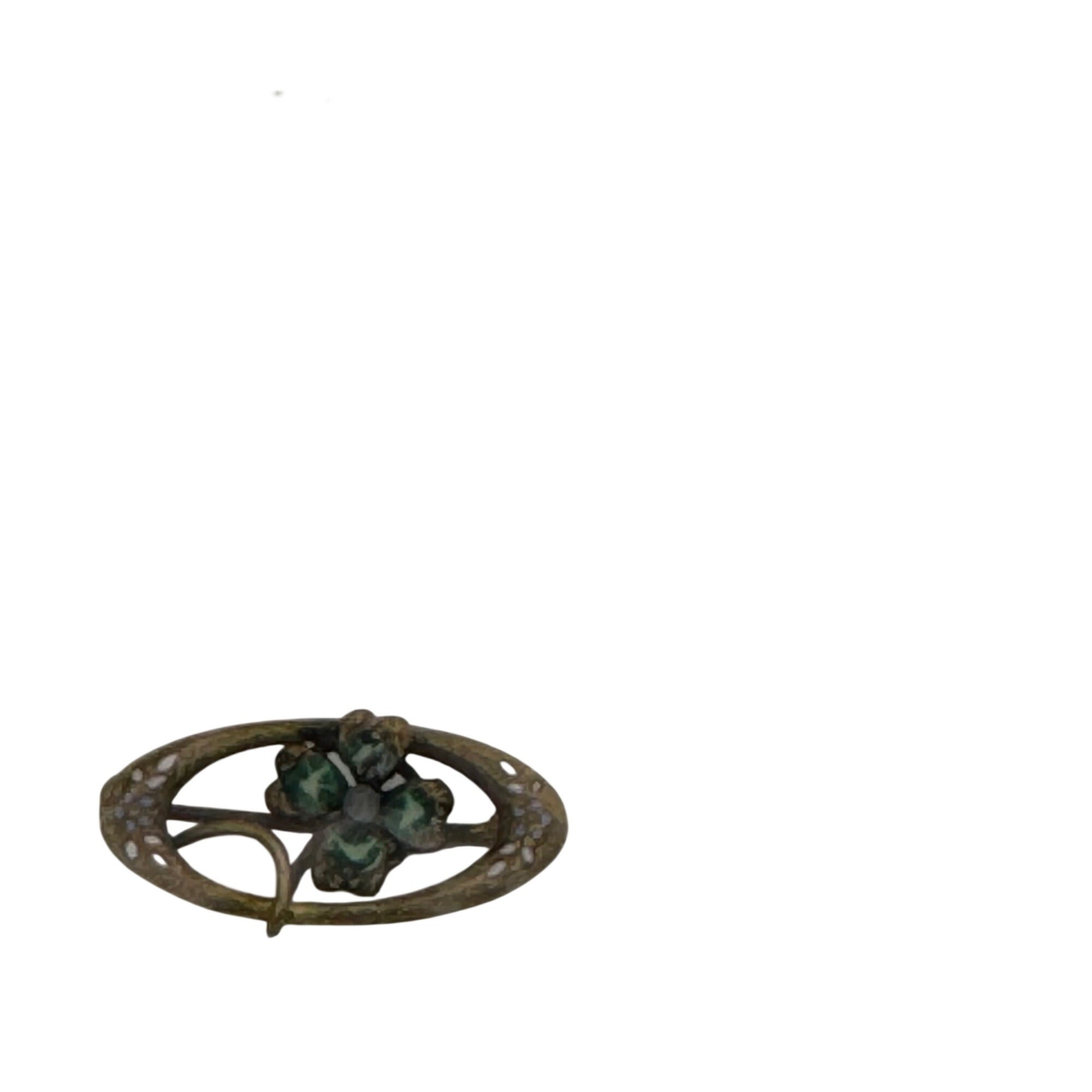 Antique 10k Gold Brooch Green Enamel Lucky Four Leaf Clover Oval 1.5" Victorian