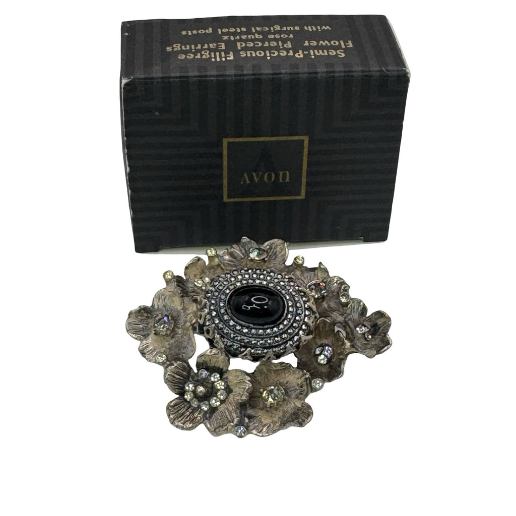 Rare DeNicola Vintage Flower Brooch 3d Black Cabochon & Rhinestones 2” Art Deco