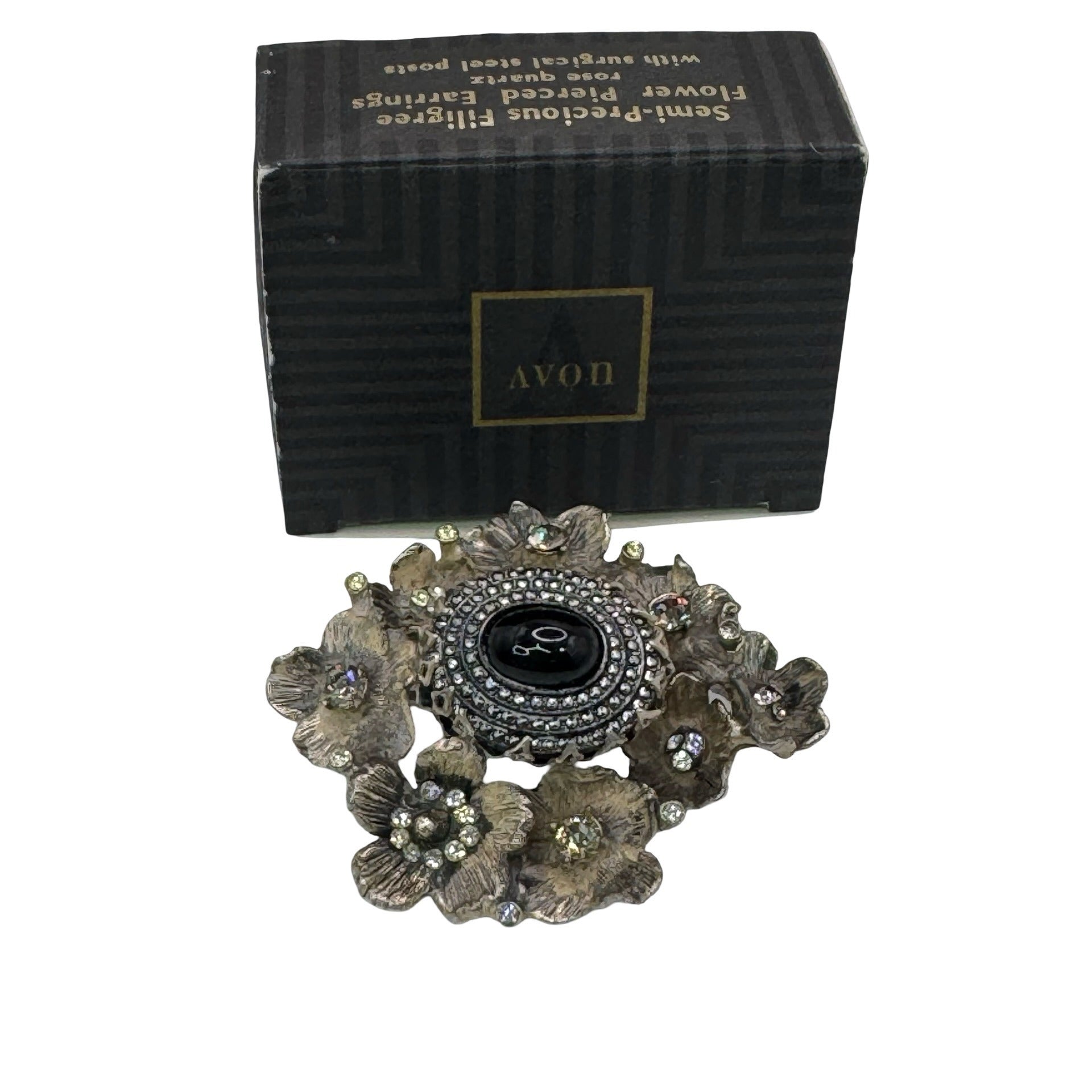 Rare DeNicola Vintage Flower Brooch 3d Black Cabochon & Rhinestones 2” Art Deco