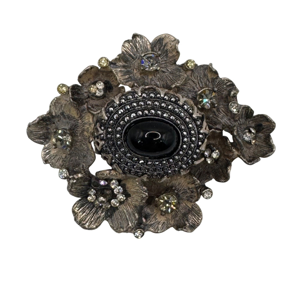 Rare DeNicola Vintage Flower Brooch 3d Black Cabochon & Rhinestones 2” Art Deco