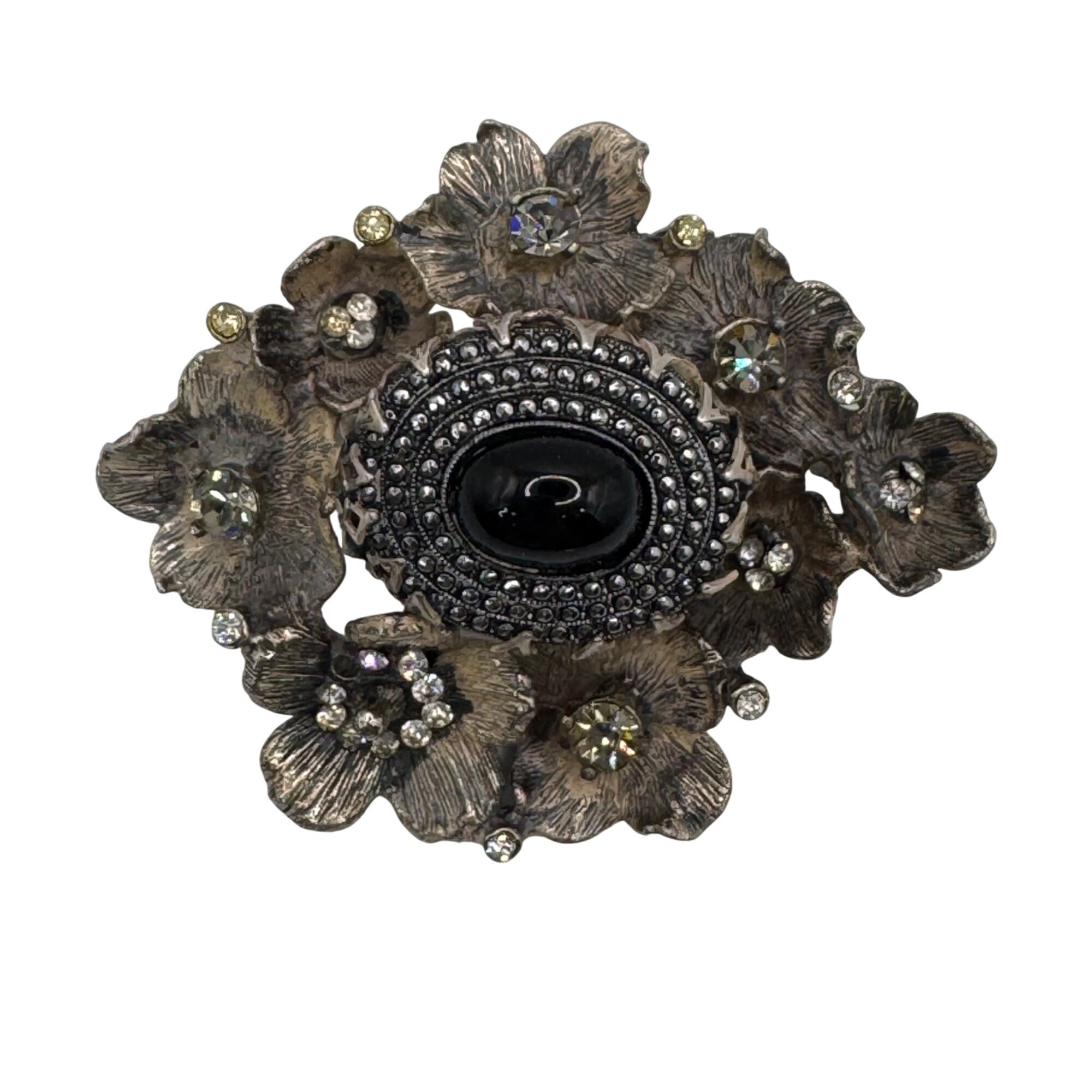 Rare DeNicola Vintage Flower Brooch 3d Black Cabochon & Rhinestones 2” Art Deco