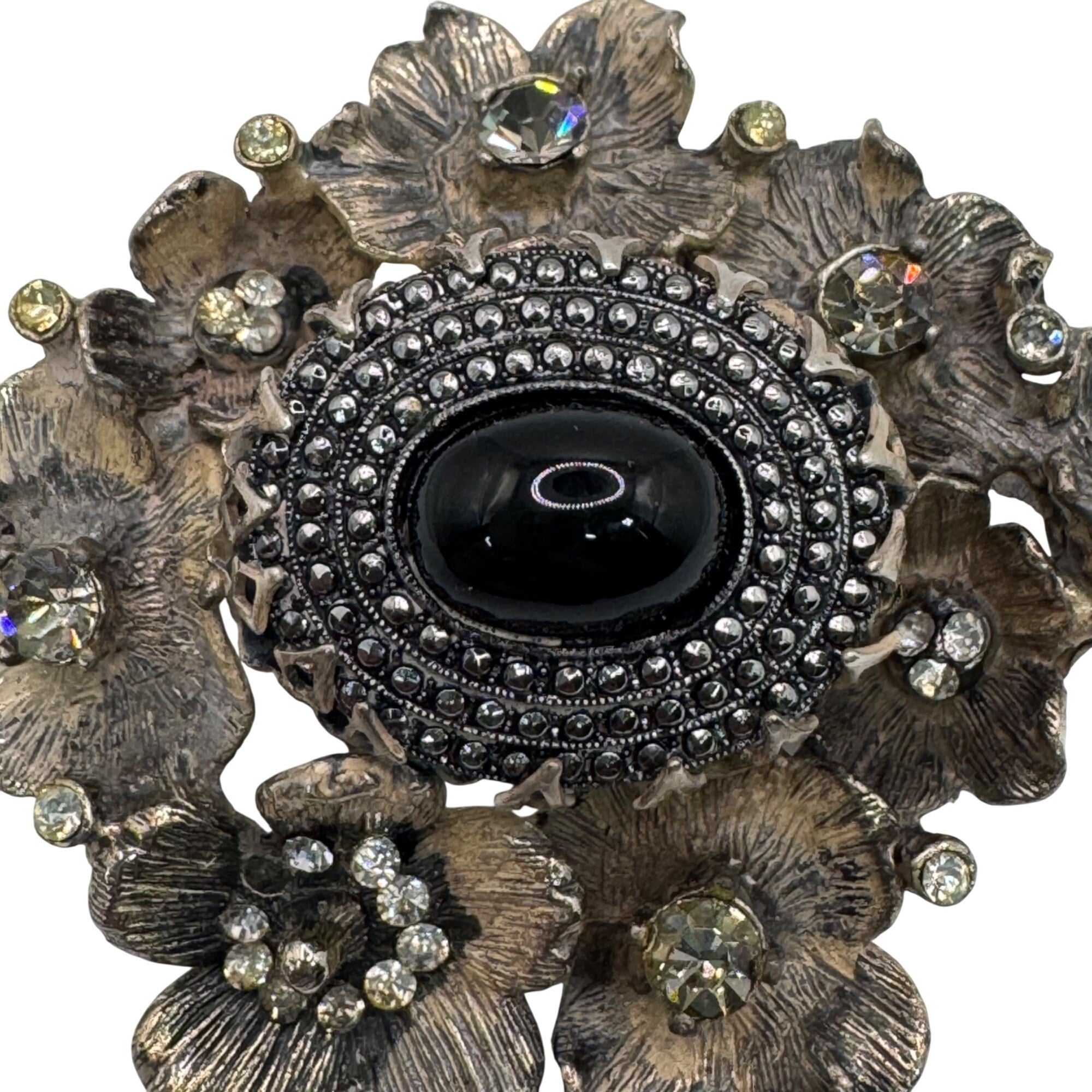 Rare DeNicola Vintage Flower Brooch 3d Black Cabochon & Rhinestones 2” Art Deco