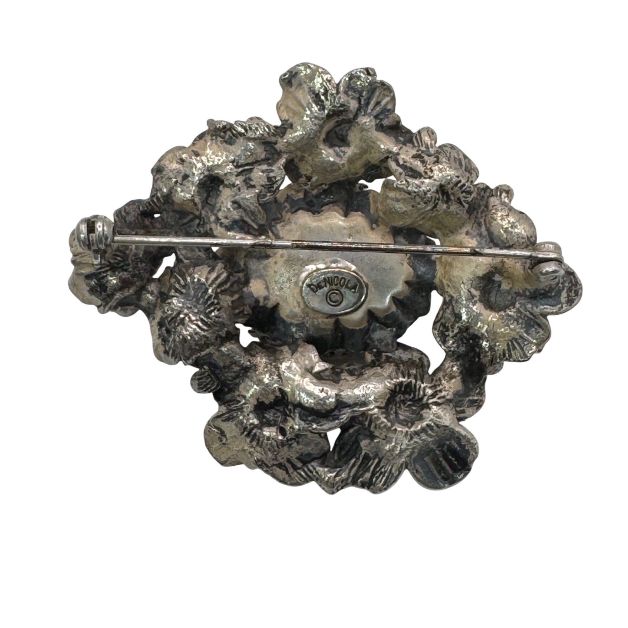 Rare DeNicola Vintage Flower Brooch 3d Black Cabochon & Rhinestones 2” Art Deco