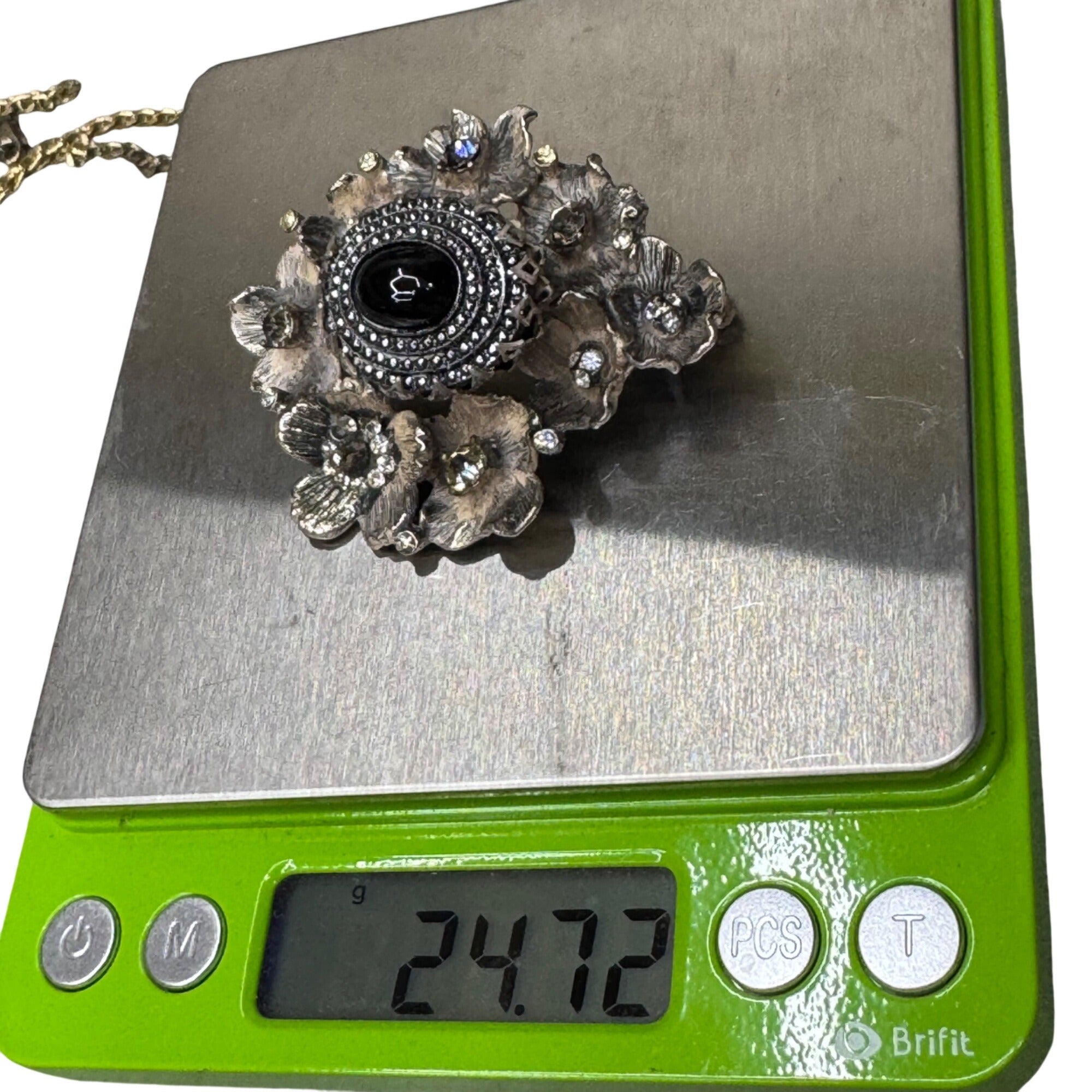 Rare DeNicola Vintage Flower Brooch 3d Black Cabochon & Rhinestones 2” Art Deco