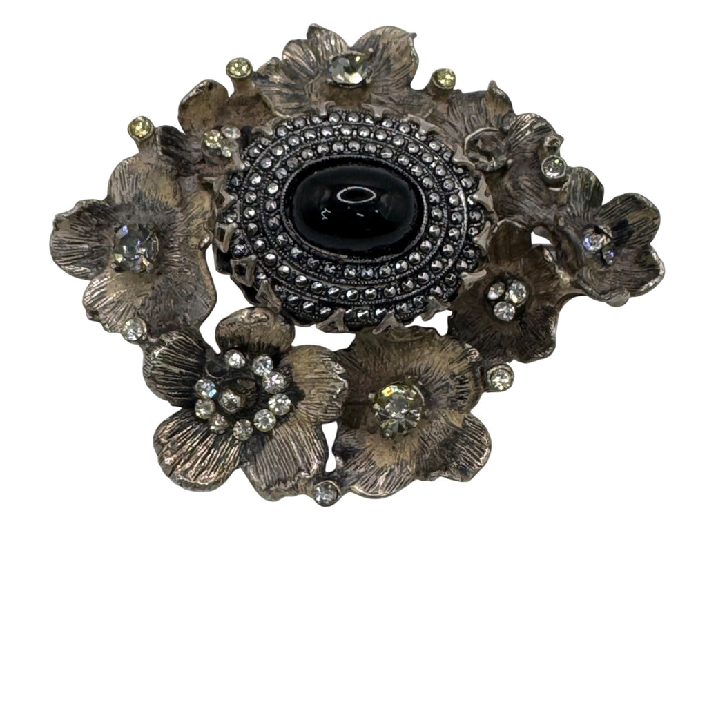 Rare DeNicola Vintage Flower Brooch 3d Black Cabochon & Rhinestones 2” Art Deco