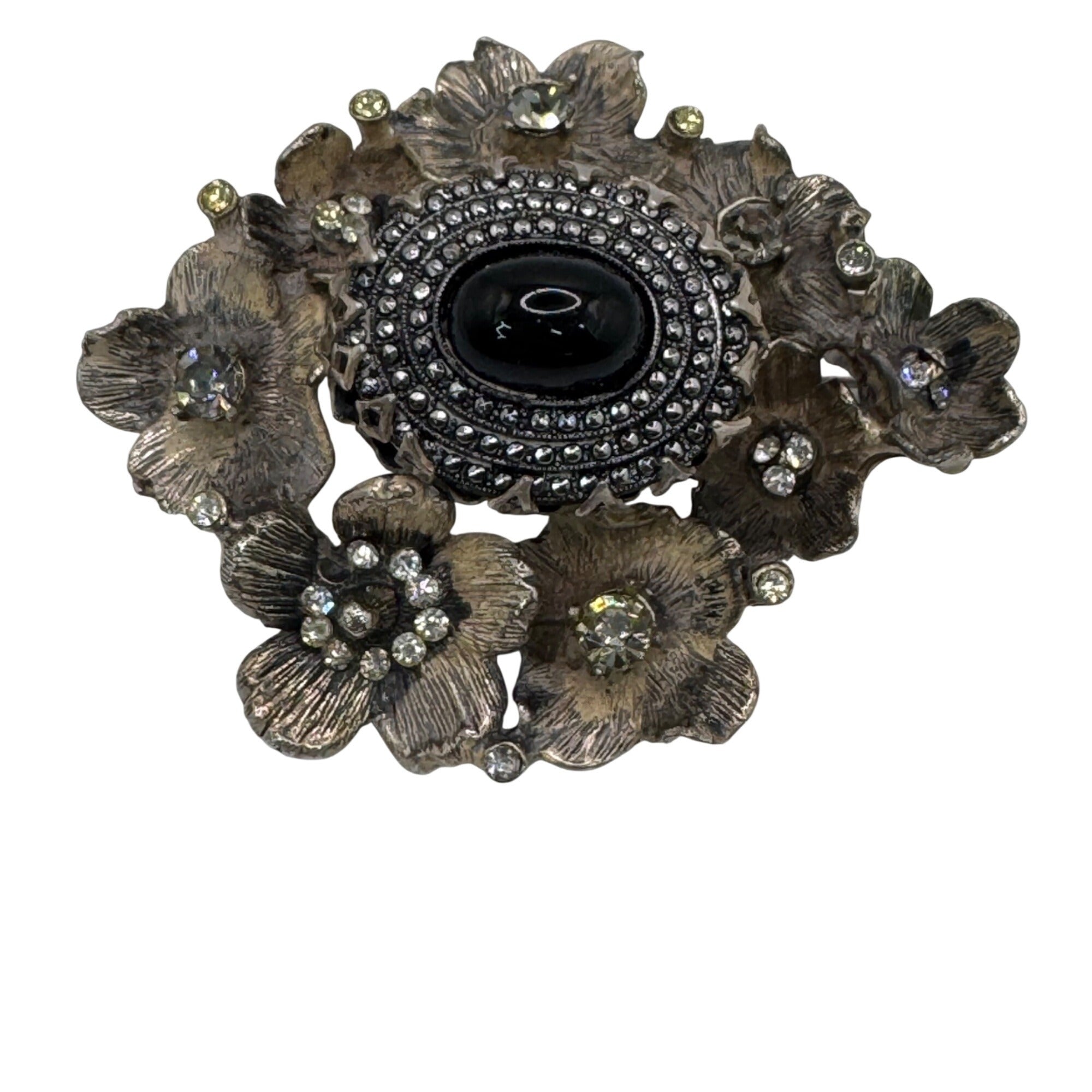Rare DeNicola Vintage Flower Brooch 3d Black Cabochon & Rhinestones 2” Art Deco