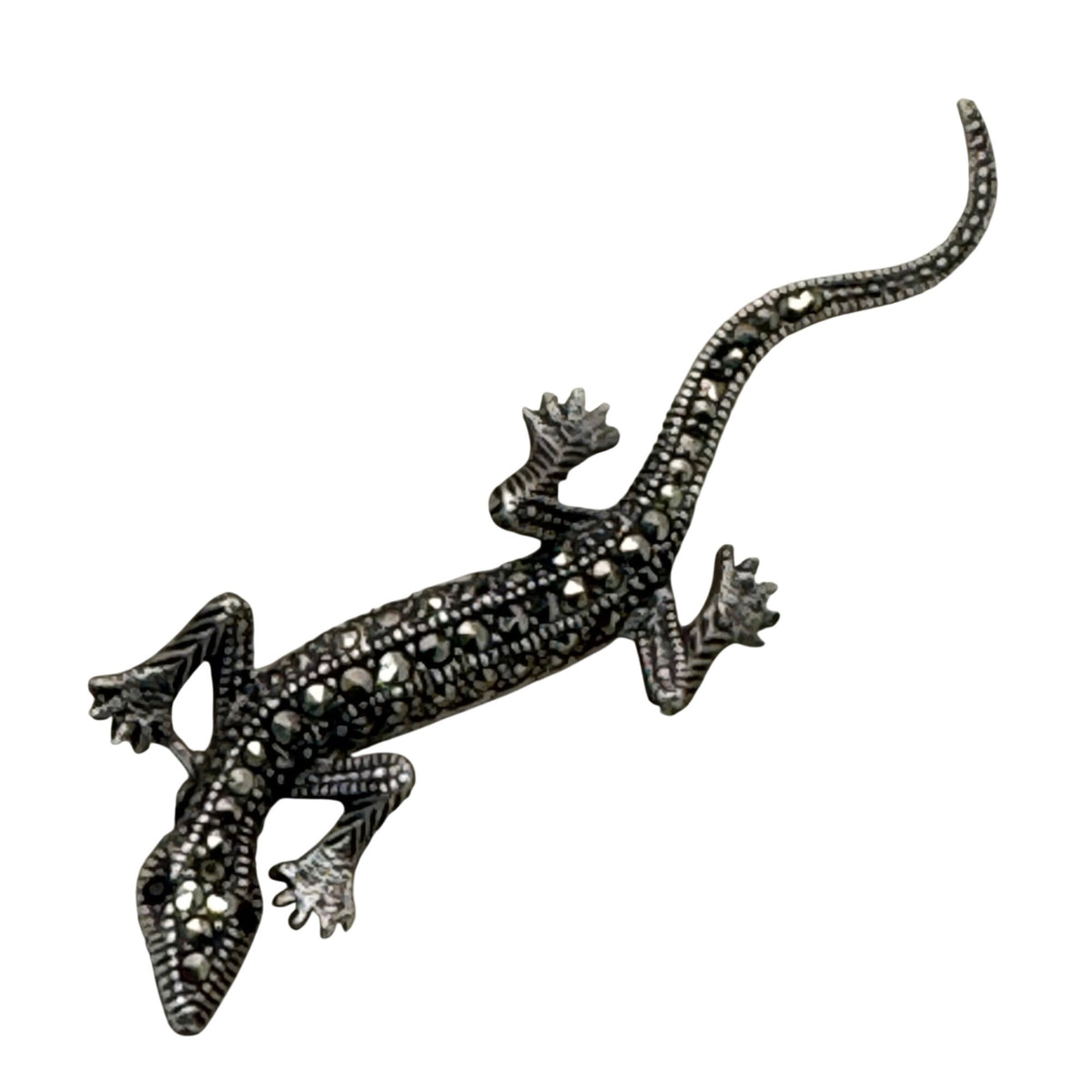 Lizard Gecko Brooch Sterling Silver 925 Marcasite 2.75" Vintage Art Deco