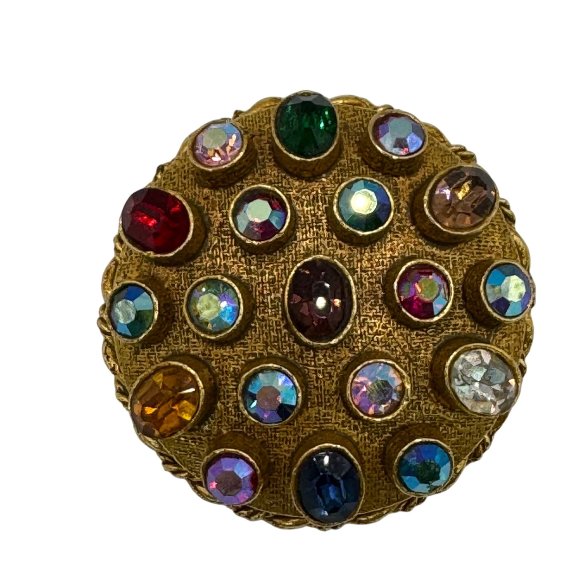 Vintage ART Signed Gold Tone Brooch Multicolor Rhinestones Round Statement 2"