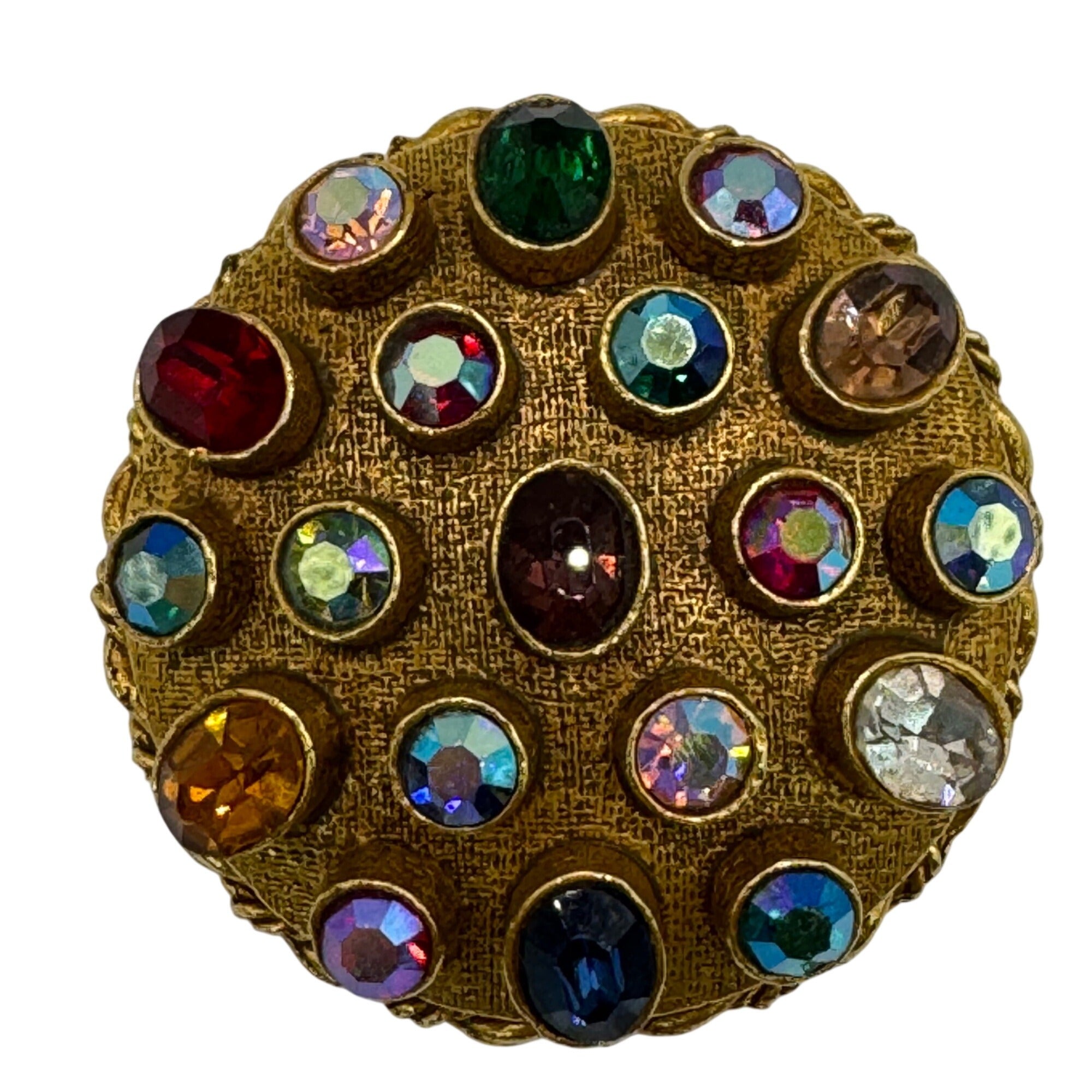Vintage ART Signed Gold Tone Brooch Multicolor Rhinestones Round Statement 2"