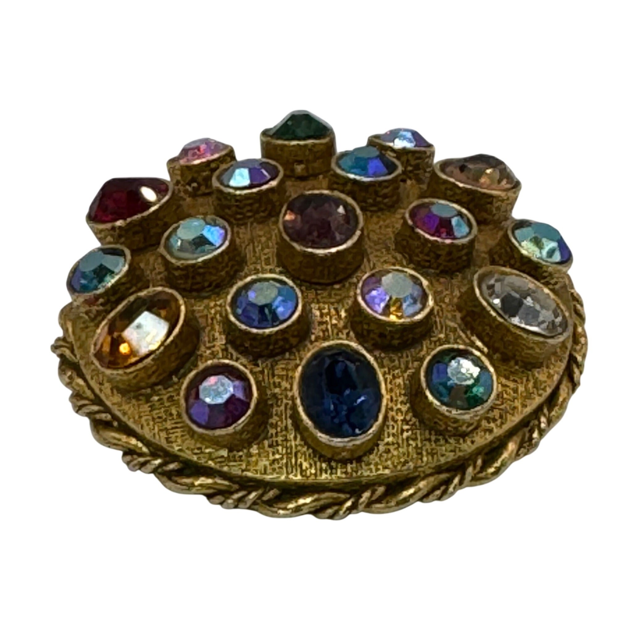 Vintage ART Signed Gold Tone Brooch Multicolor Rhinestones Round Statement 2"