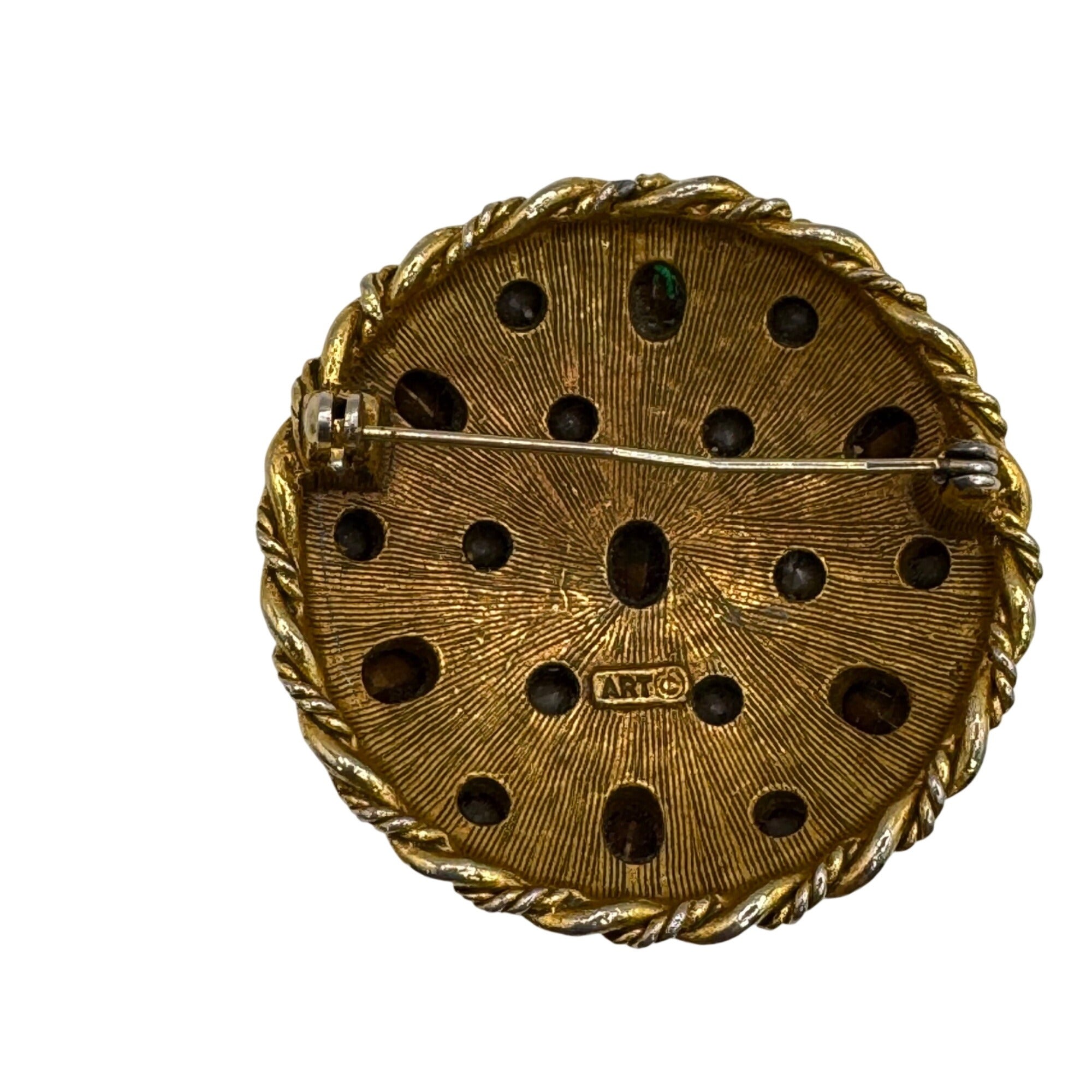 Vintage ART Signed Gold Tone Brooch Multicolor Rhinestones Round Statement 2"