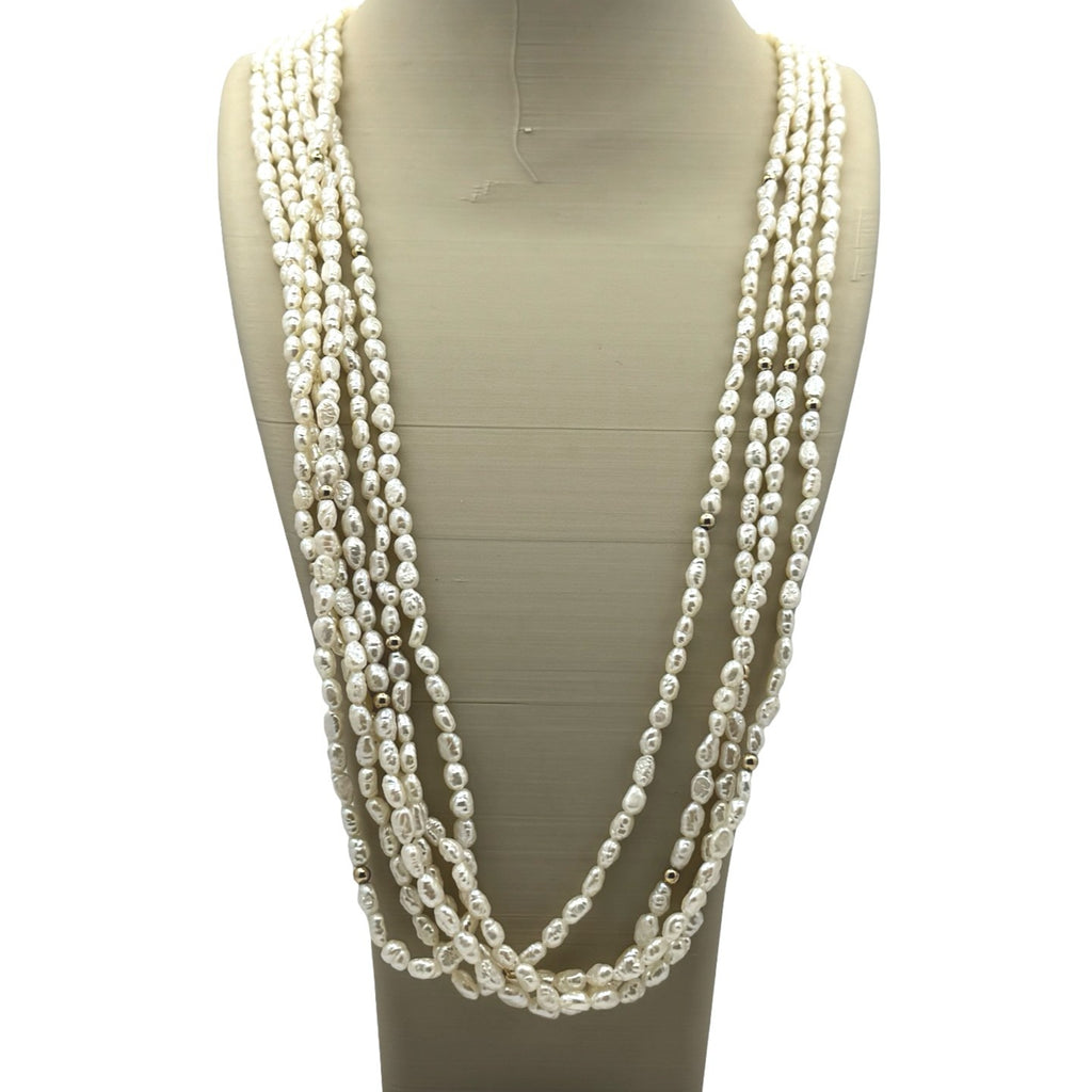 14k Natural Seed Pearl Multi-Strand Layered Freshwater Necklace Gold Beads 32"