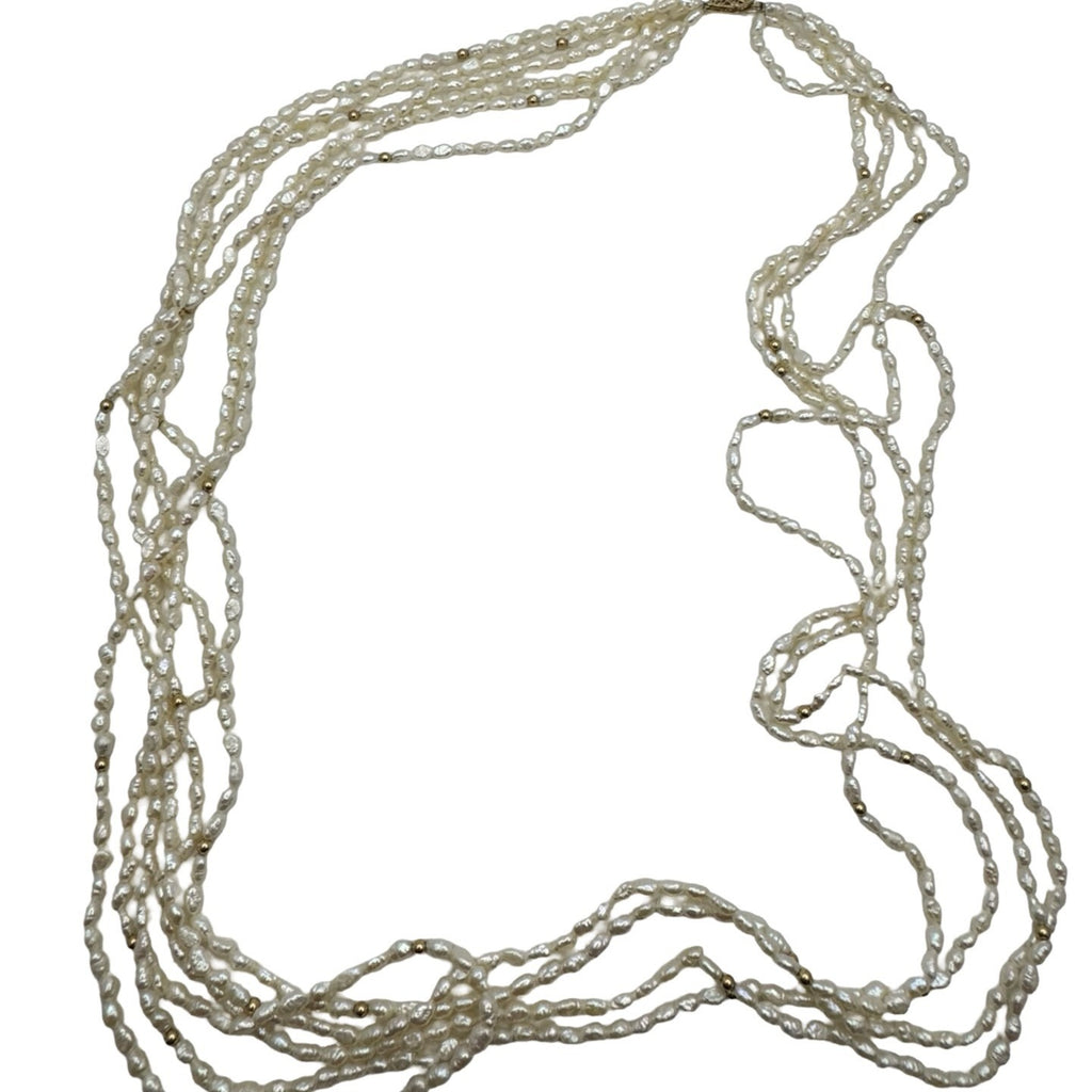 14k Natural Seed Pearl Multi-Strand Layered Freshwater Necklace Gold Beads 32"