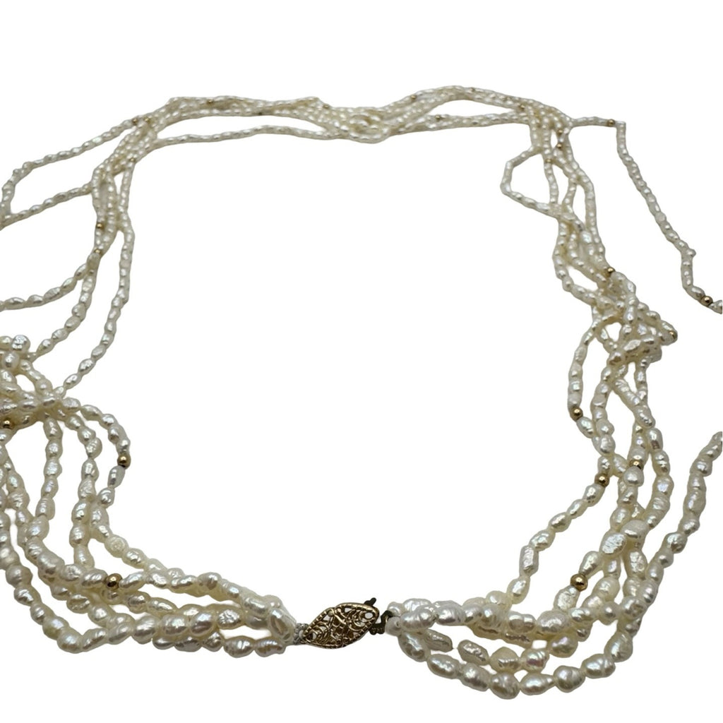 14k Natural Seed Pearl Multi-Strand Layered Freshwater Necklace Gold Beads 32"