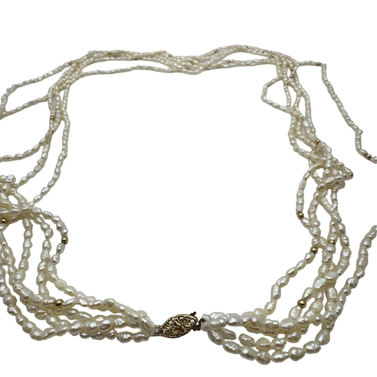 14k Natural Seed Pearl Multi-Strand Layered Freshwater Necklace Gold Beads 32"