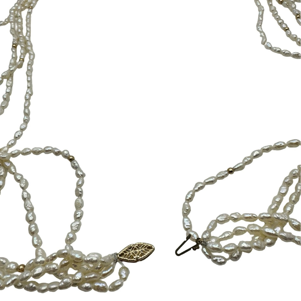 14k Natural Seed Pearl Multi-Strand Layered Freshwater Necklace Gold Beads 32"