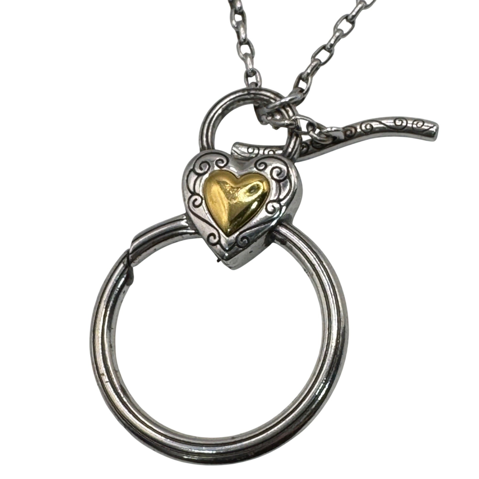 Brighton Toggle Necklace Heart Charm Crystal Silver-Tone 34” Gold Reversible ID