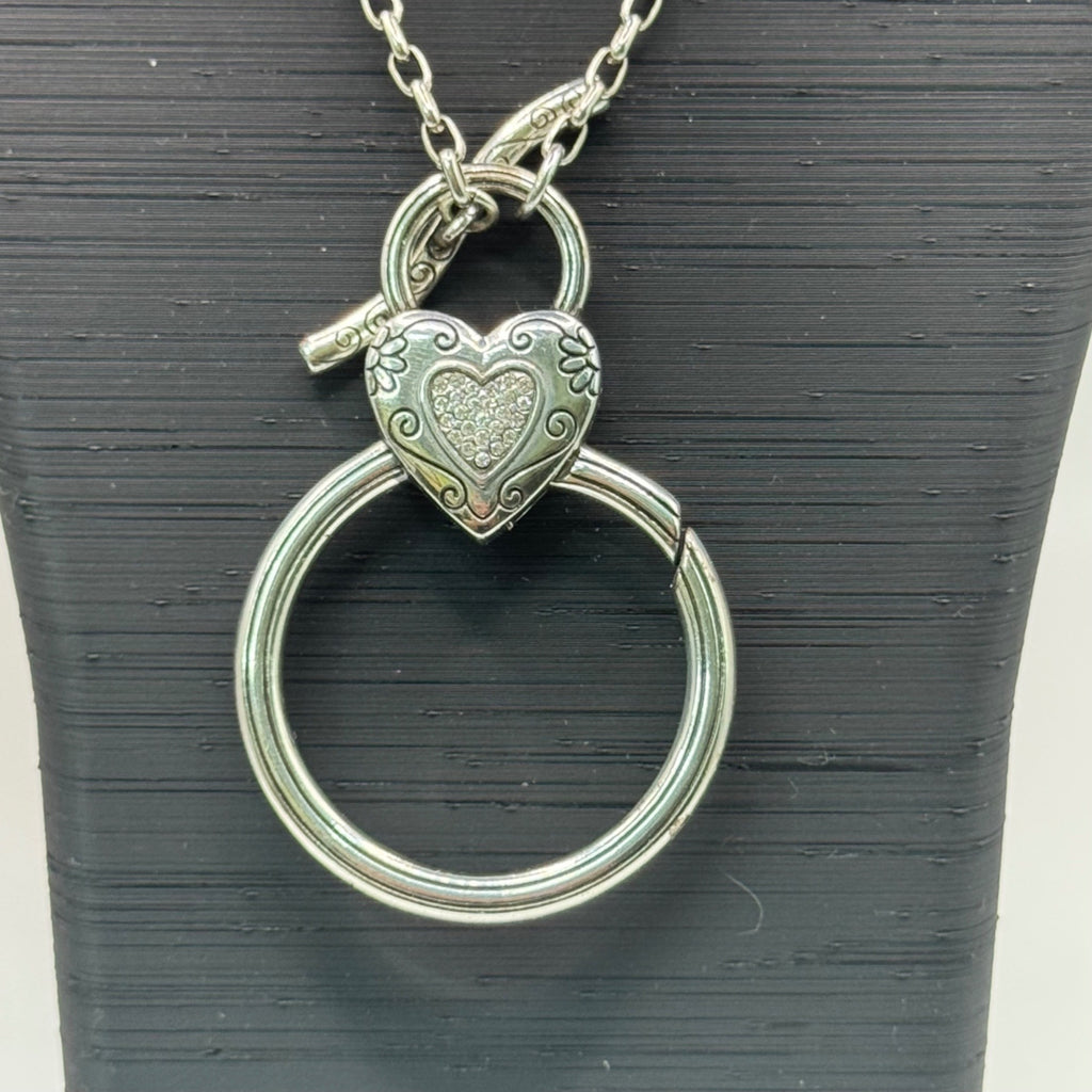Brighton Toggle Necklace Heart Charm Crystal Silver-Tone 34” Gold Reversible ID