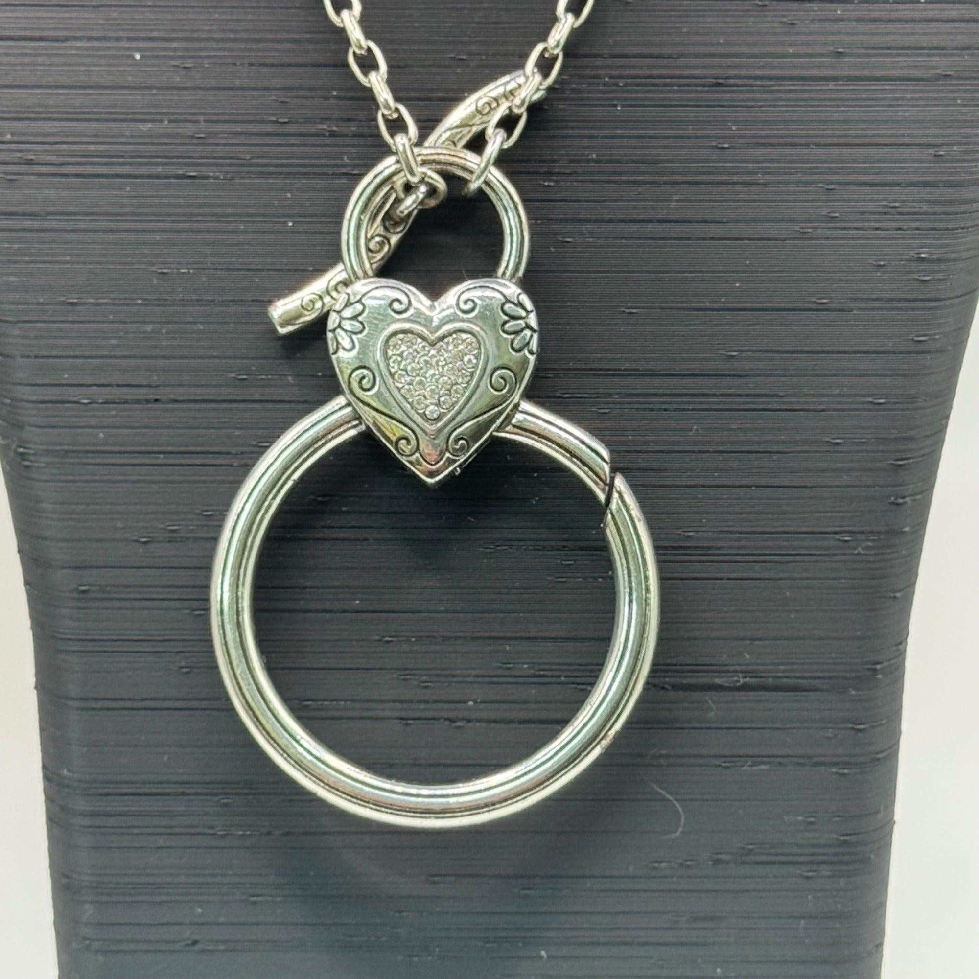 Brighton Toggle Necklace Heart Charm Crystal Silver-Tone 34” Gold Reversible ID