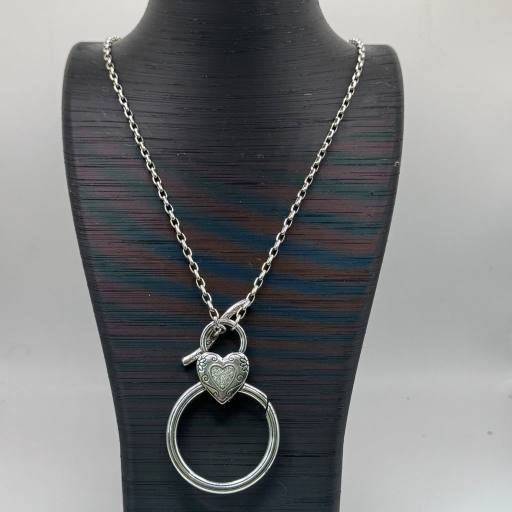 Brighton Toggle Necklace Heart Charm Crystal Silver-Tone 34” Gold Reversible ID