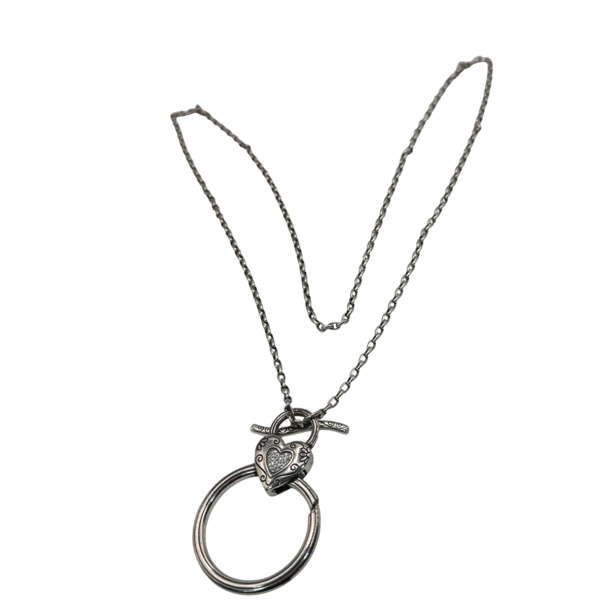 Brighton Toggle Necklace Heart Charm Crystal Silver-Tone 34” Gold Reversible ID