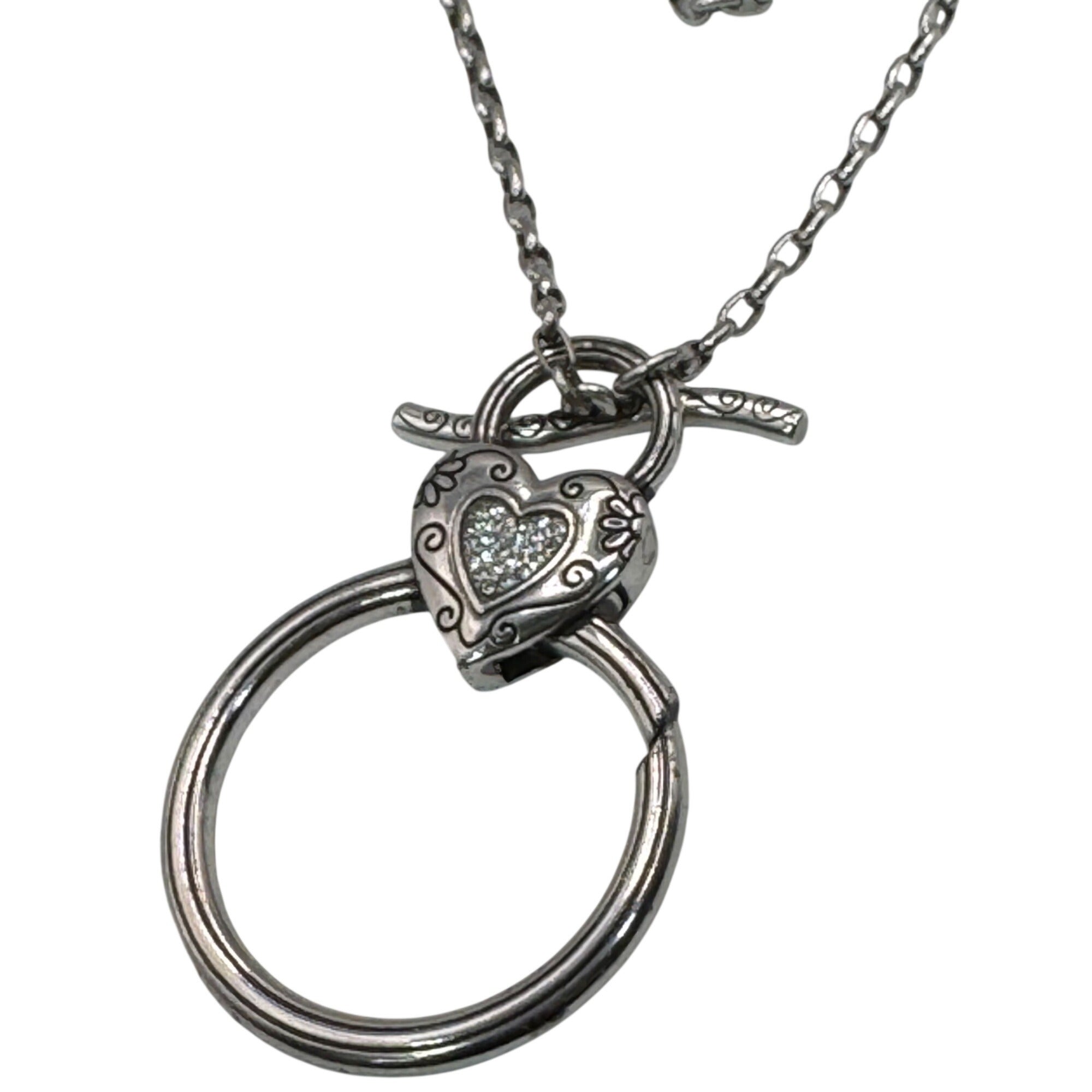 Brighton Toggle Necklace Heart Charm Crystal Silver-Tone 34” Gold Reversible ID
