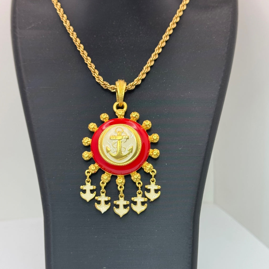 1/20 12K GF Nautical Anchor Statement Necklace Red White Enamel Pendant Charms
